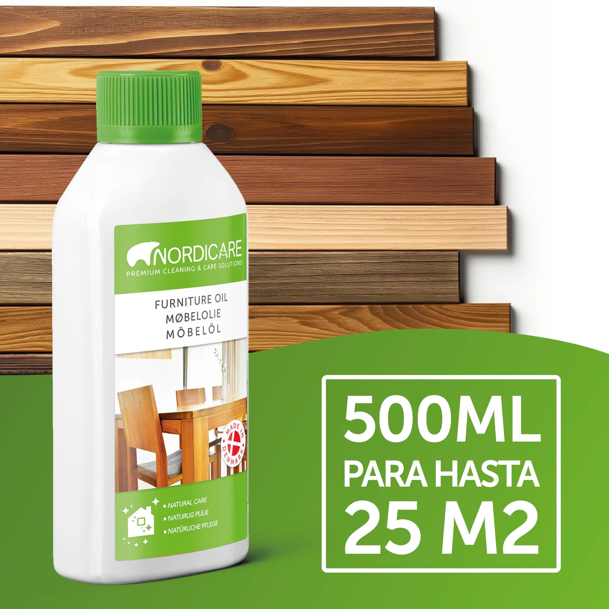 Nordicare Aceite para muebles [500ml] Aceite incoloro para madera para el cuidado de roble, haya, nogal, pino. Esmalte para madera a base de aceite de linaza. Barniz de aceite de linaza