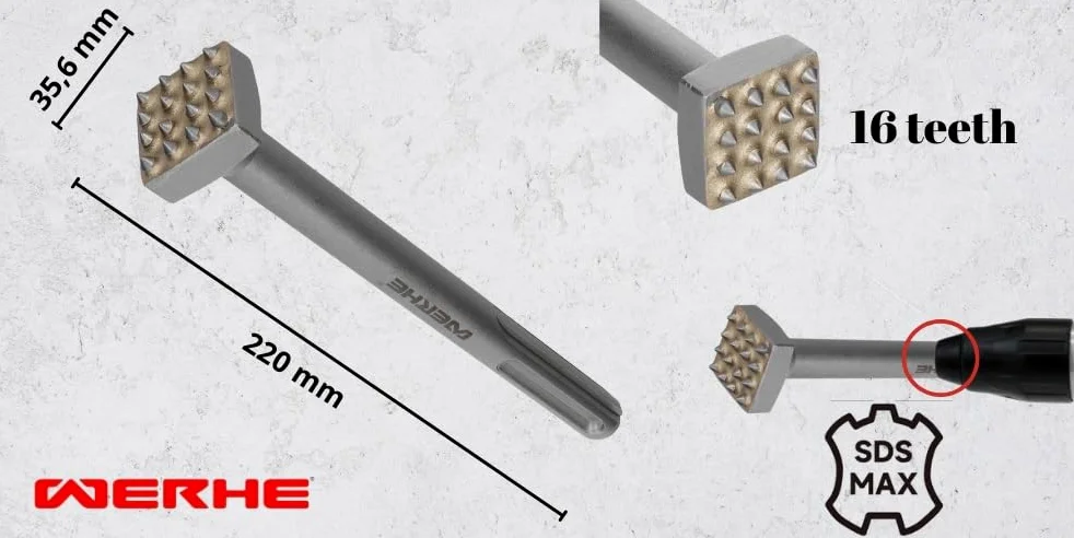 WERHE Cincel de bujarda SDS MAX 16 dientes, 220 mm – Para el trabajo de hormigón y piedra