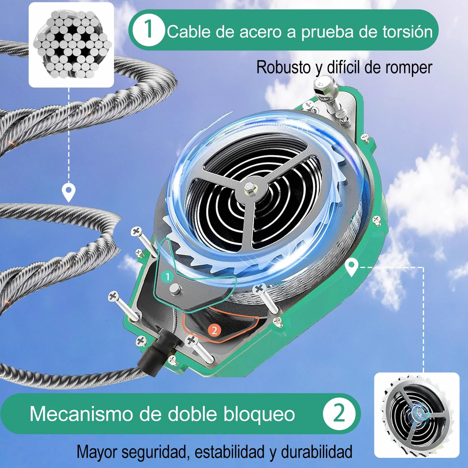 Dispositivo Anticaídas Retráctil 20m con Frenado Instantáneo Cable Antitorsión Gancho Autoblocante