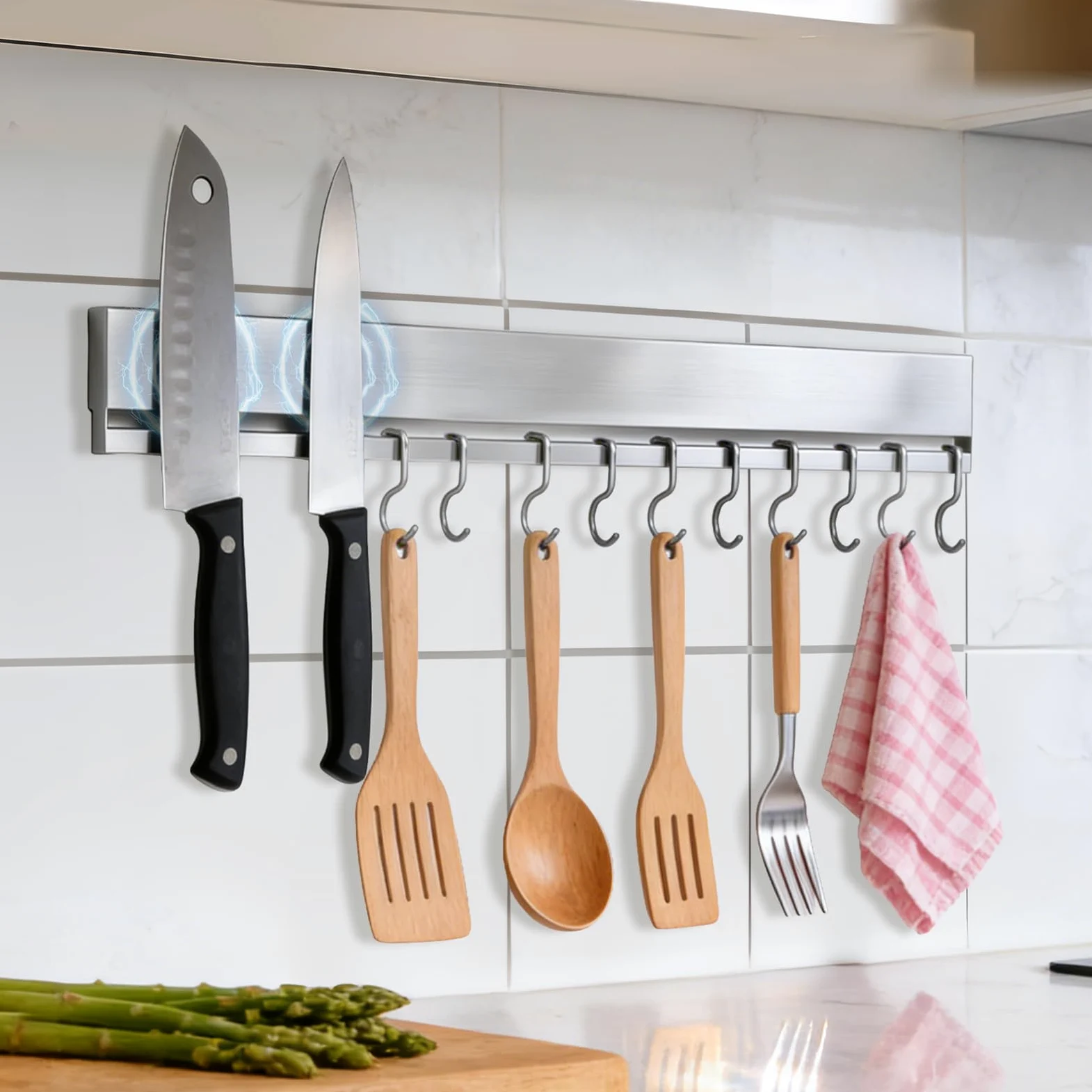 Soporte magnético para cuchillos de 16 pulgadas, sin taladro, tira de cuchillos de acero inoxidable 304 con 10 ganchos y adhesivo/tornillos, organizador de utensilios de cocina que ahorra espacio y