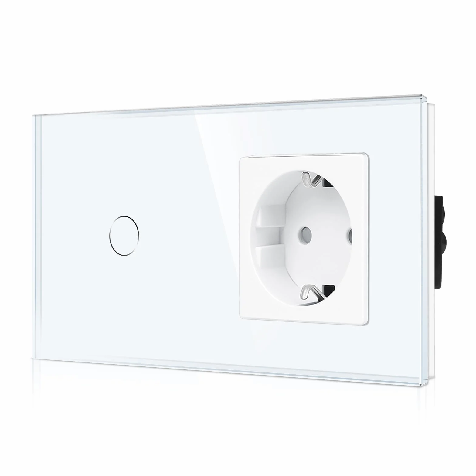 CNBINGO Interruptor de luz de cristal y enchufe Schuko empotrado, interruptor de luz táctil con estado LED, interruptor de pared con marco de cristal, 1 vía, blanco