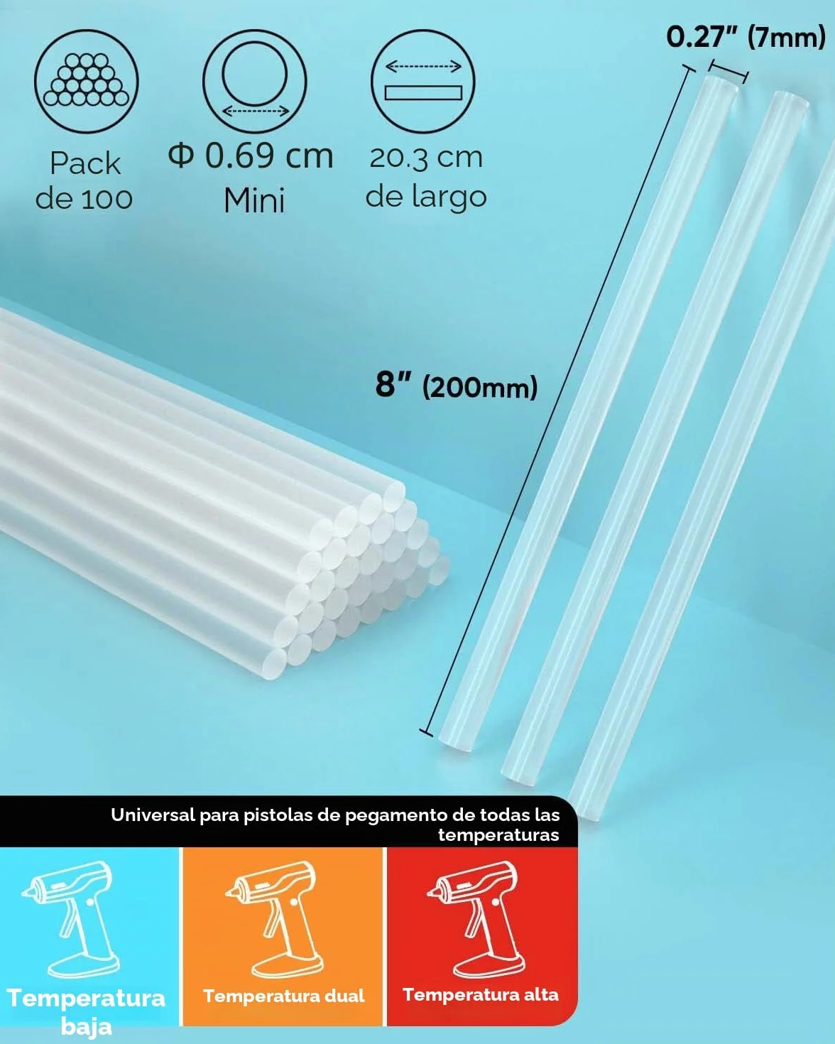 SHALL Mini barras de pegamento caliente, 7 mm x 200 mm, paquete de 100 barras de pistola de pegamento caliente transparentes, versátiles para niños y adultos para hacer bricolaje