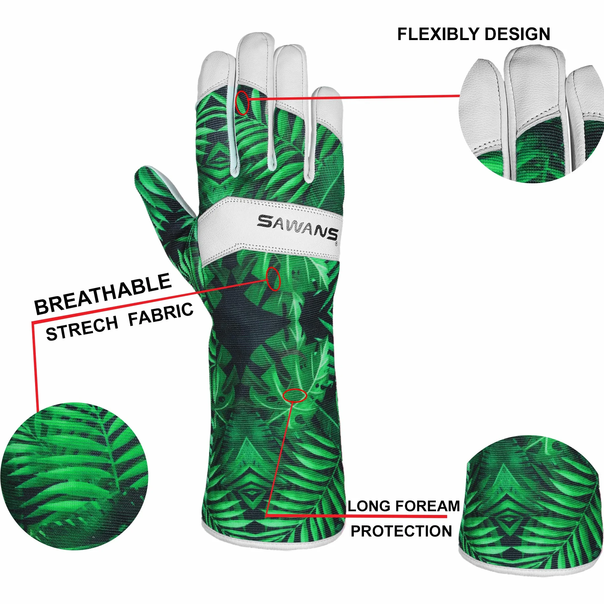 Guantes de Jardinería de Cuero Piel de Cabra Elastano Transpirable a Prueba de Espinas Protección Antebrazo Largo M
