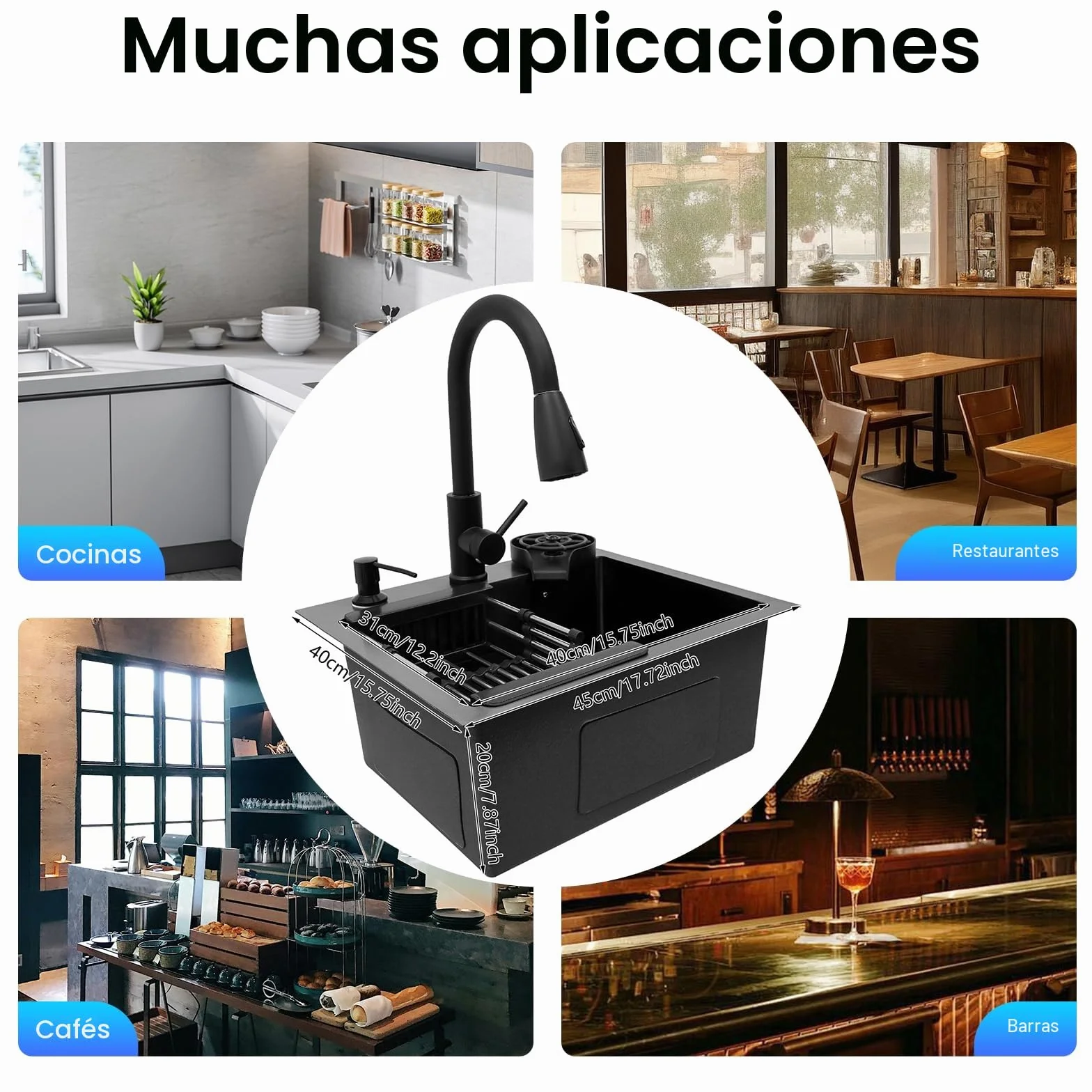 Fregadero de acero inoxidable de 45 x 40 cm, color negro, con grifo extraíble y lavavajillas para tazas, fregadero de cocina multifuncional, 1 lavabo, incluye tubo de drenaje, dispensador de jabón
