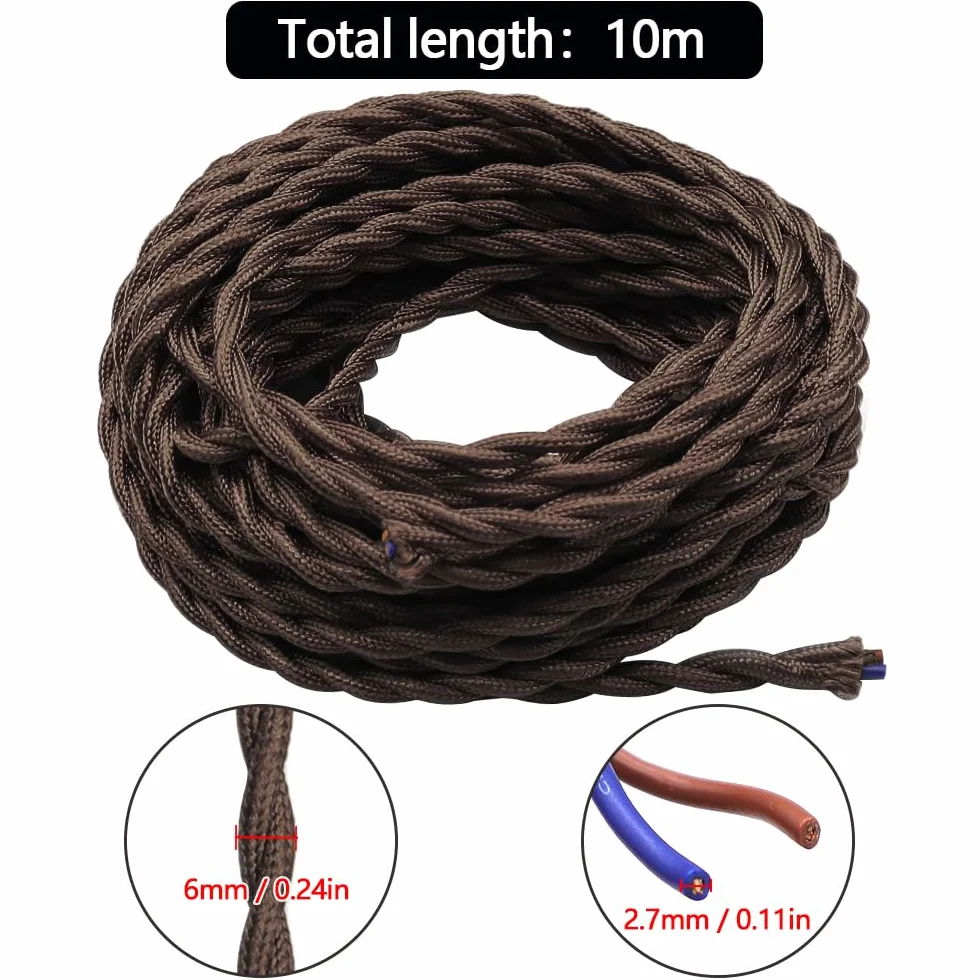 10 Metros de Cable Textil de Lino Vintage Marrón Cable Eléctrico Tejido Flexible Adecuado Para Lámparas y Accesorios de Iluminación de Bricolaje(2 * 0,75 mm²)