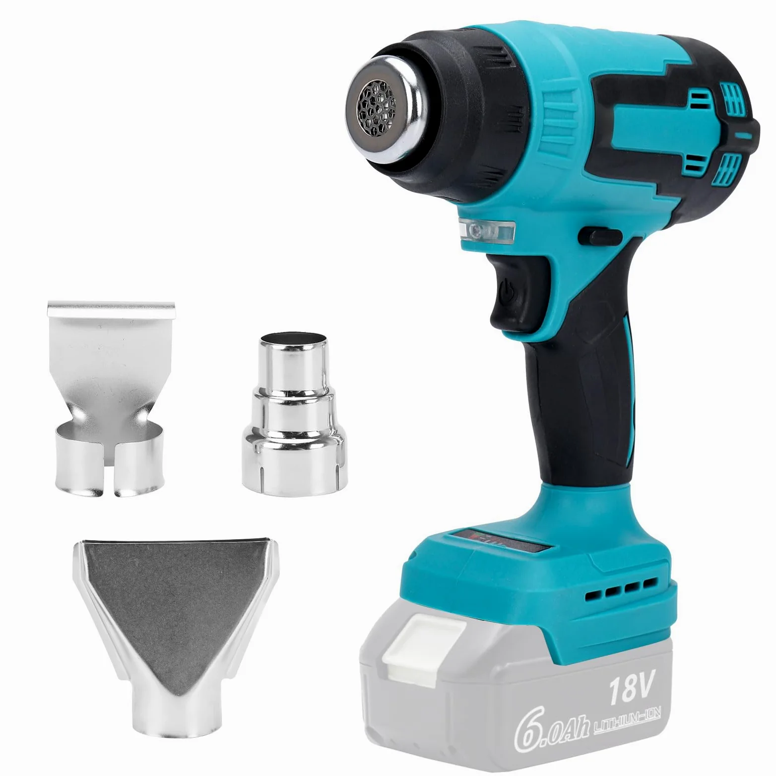 Pistola de aire caliente sin cable compatible con Makita 18V batería, Pistola de calor sin escobillas con 3 boquillas y 2 ajustes de temperatura para secado, curvado de tubos, eliminación de pintura