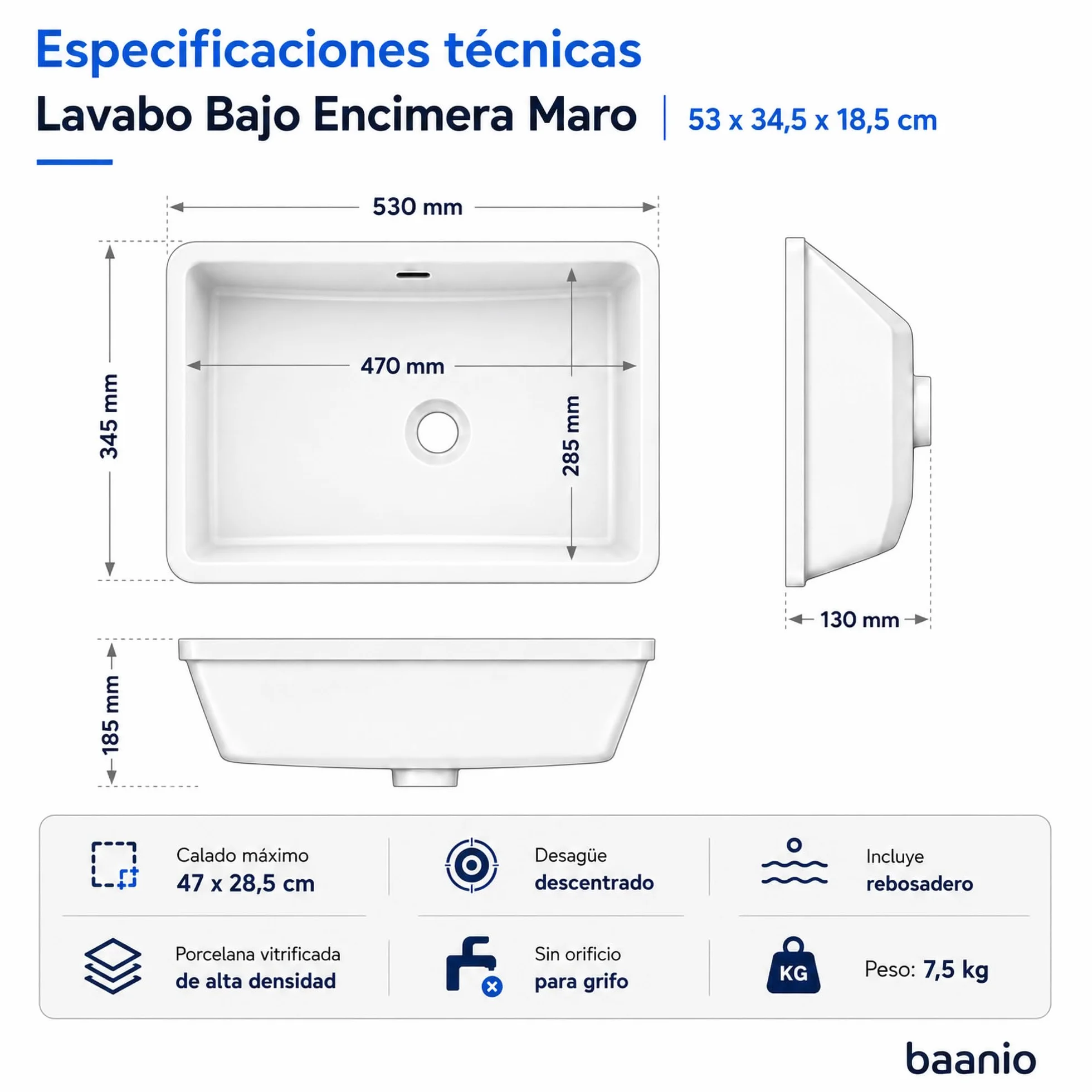 Maro - Lavabo Bajo Encimera 53 cm - Cerámica Blanco Brillo - Con Rebosadero - Certificado CE