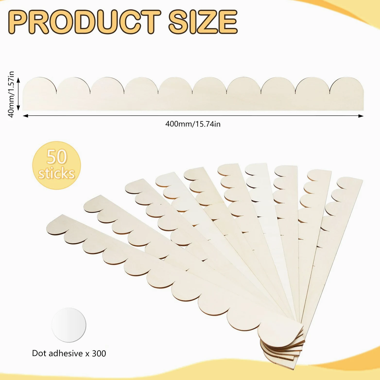 50 Piezas Moldura de Madera Decorativa Ondas 40 x 4 cm Listón Madera Festoneada Sin Terminar Moldura madera Pared con Puntos Adhesivos para Gabinete,Estante,Ventana,Puerta