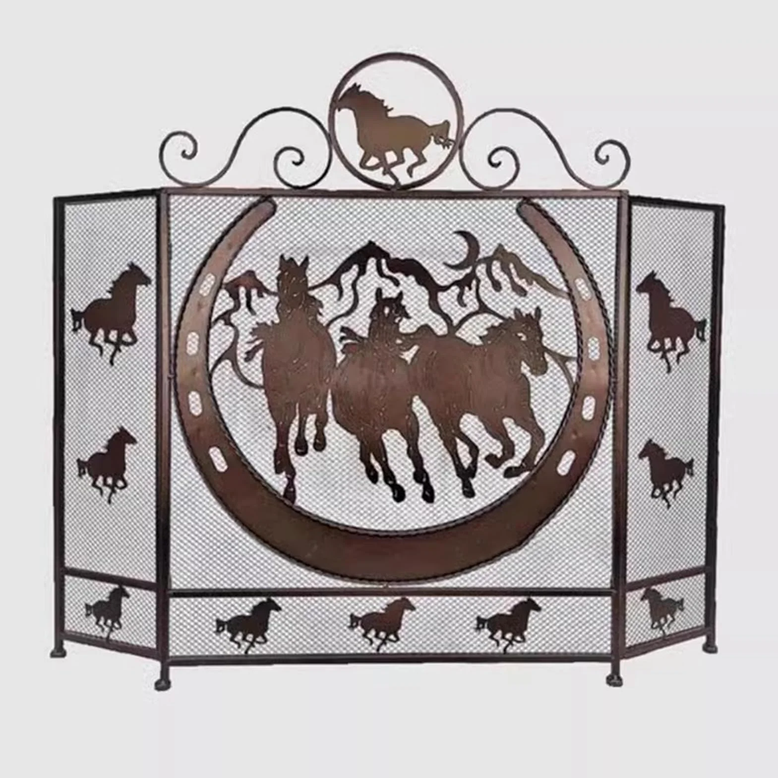 Salvachispas Chimenea Malla Protectora Plegable de 3 Paneles para Estufa de Leña, Puerta Protectora Plegable para Chimenea con Diseño de Caballos, Barrera Protectora de Hierro Forjado para Chimenea
