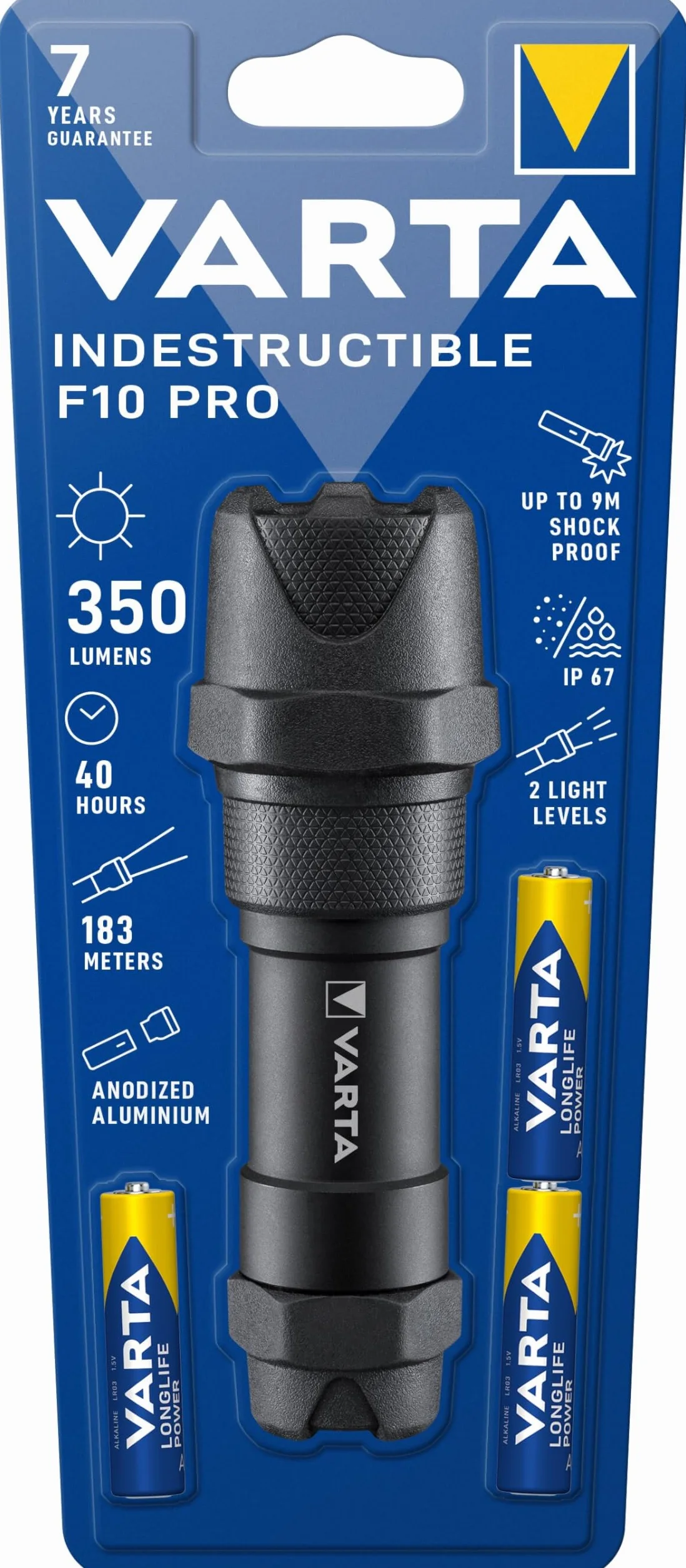 VARTA Indestructible F10 Pro 3,5 Vatios LED Linterna/Linterna de trabajo, incluye 3 pilas AAA de larga duración, resistente al agua y al polvo, absorbe impactos, carcasa de aluminio anodizado, negro