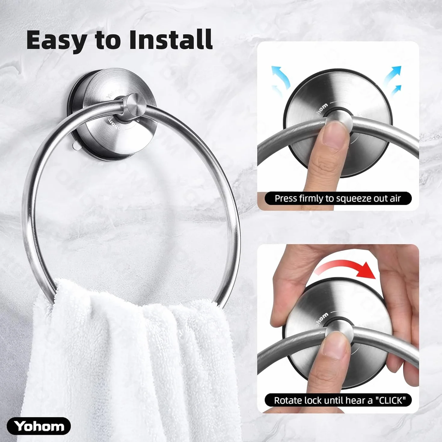 YOHOM Toallero de baño con ventosa acero inoxidable plata cepillada 2 unidades montaje pared sin taladro