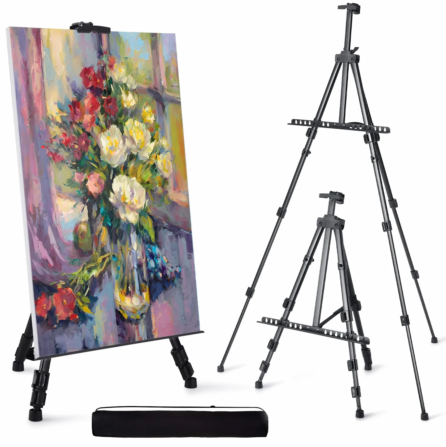 Artify Caballete Pintura de Aluminio de Doble Nivel, Altura Ajustable de 22 a 66 Pulgadas, Trípode para Pintar y Exhibir con una Bolsa de Transporte, para Artistas y Estudiantes, Negro