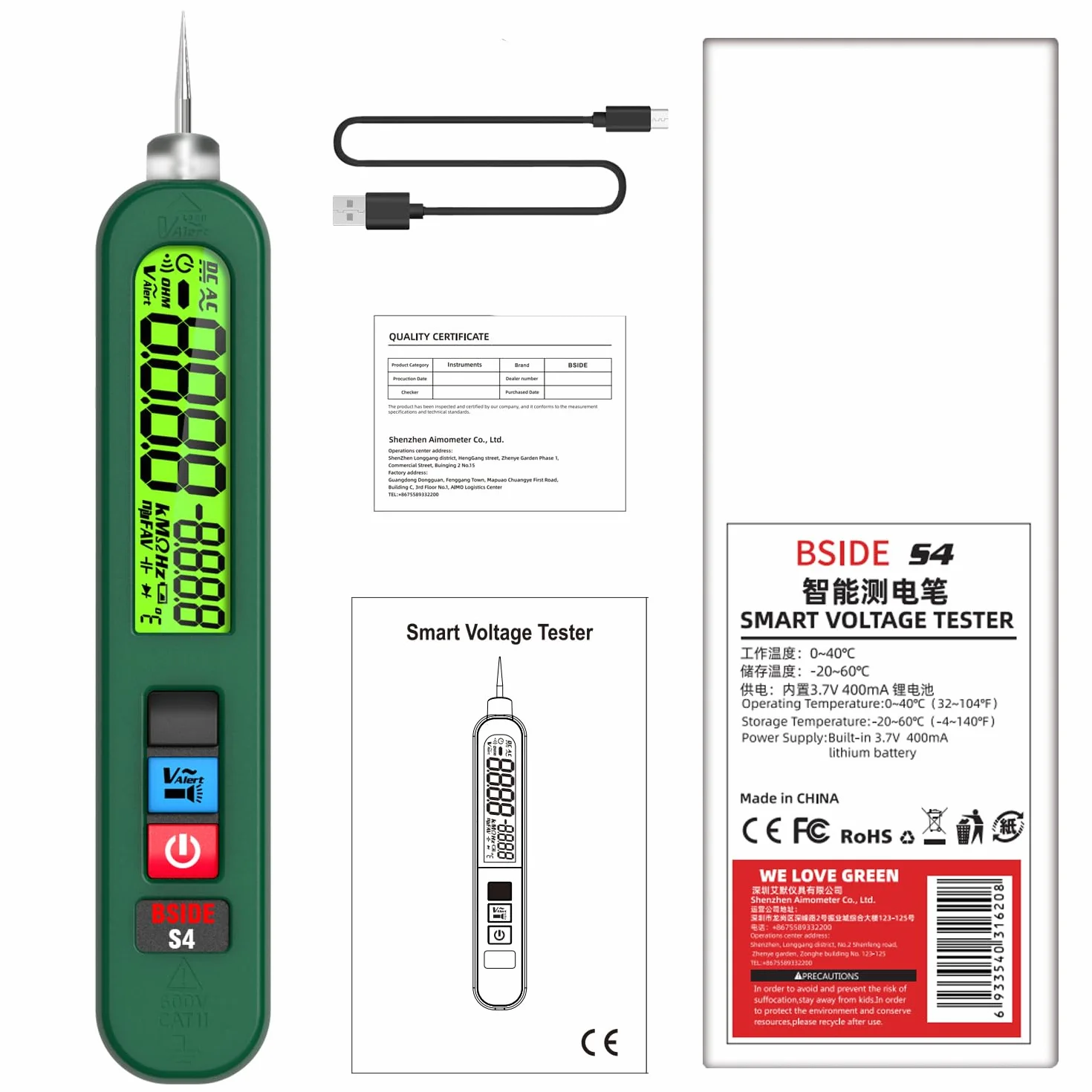 BSIDE S4 Bolígrafo Detector de Voltaje Sin Contacto AC 12V-300V Recargable con LCD y Linterna