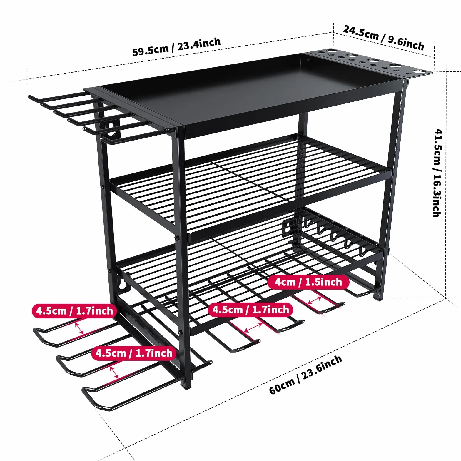 Soporte de pared para herramientas de 4 niveles, almacenamiento de herramientas para 4 herramientas eléctricas, soporte de pared, organizador para garaje, taller de coche, 59,5 x 24,5 x 41,5
