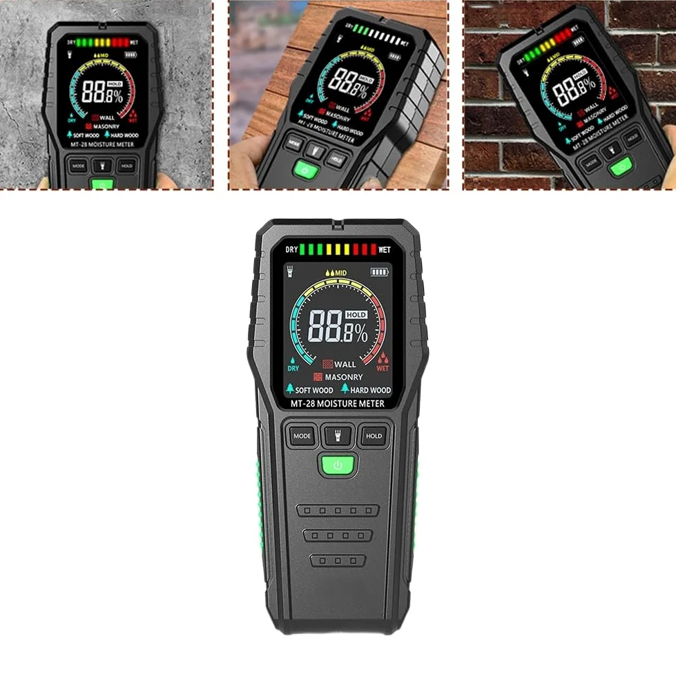 Medidor de humedad no invasivo Probador de madera sin pines con pantalla LCD para paneles de yeso, madera dura, detección de fugas, sensor de humedad de edificio, herramienta de suelo