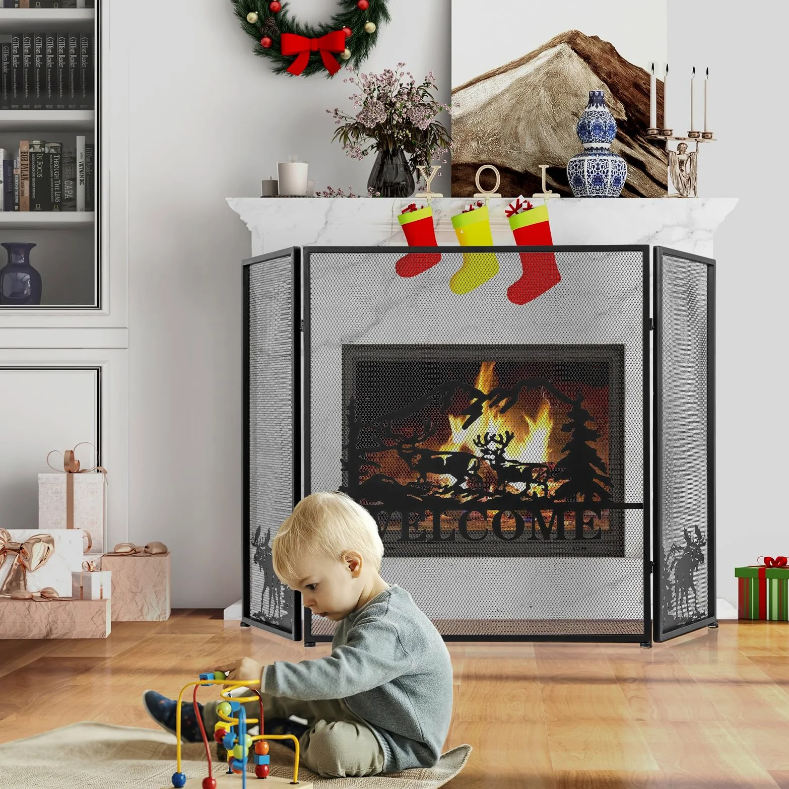 GIANTEX Pantalla de Chimenea Plegable con 3 Paneles, 132 x 79 cm, Salvachispas Chimenea de Metal para Aislamiento de Chispas y Cenizas, Rejilla Protector de Chimenea para Niños y Mascotas (Welcome)