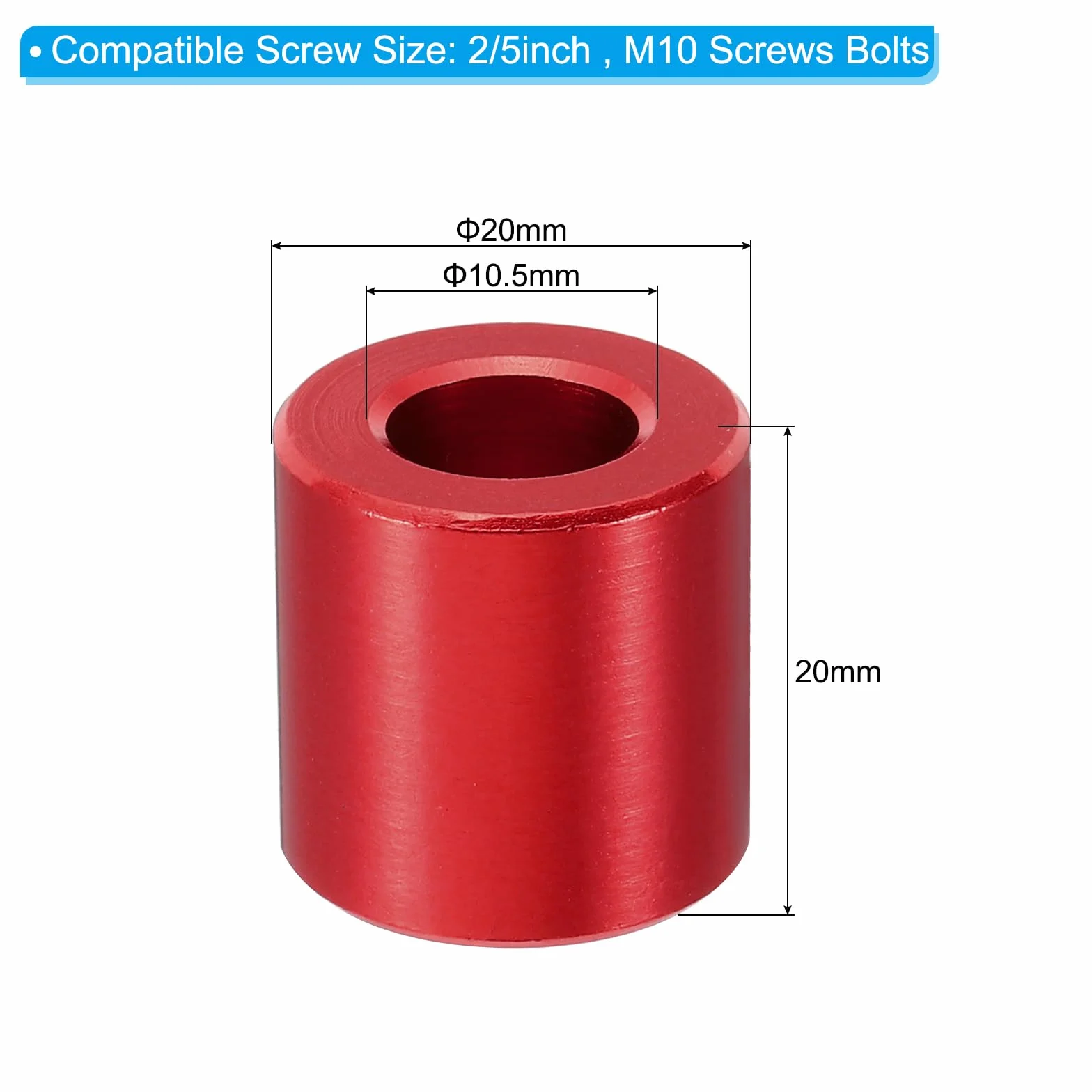 PATIKIL 4pcs M10 Separadores de Aluminio, Espaciadores Redondos de Metal Espaciadores Metálicos de Aluminio para M10 Tornillo Pernos, 20x10.5x20mm (L*ID*OD), Rojo