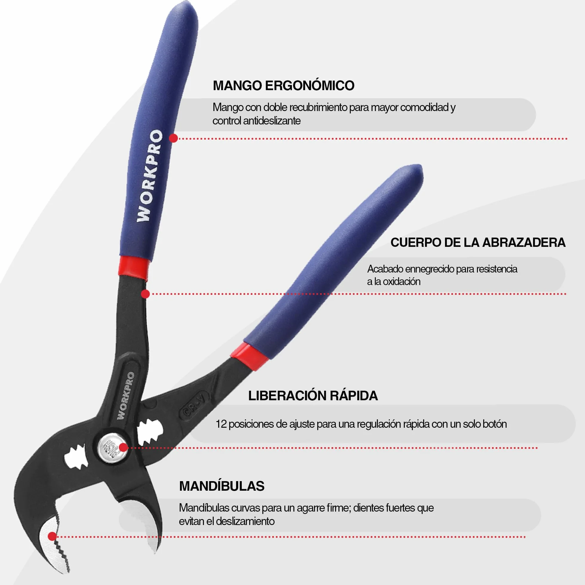 WORKPRO - Pinzas para bomba de agua de 180 mm y 250 mm, asas de manguera ajustables rápidas, conjunto de pinzas de junta deslizante con gran capacidad de mandíbula y mango antideslizante