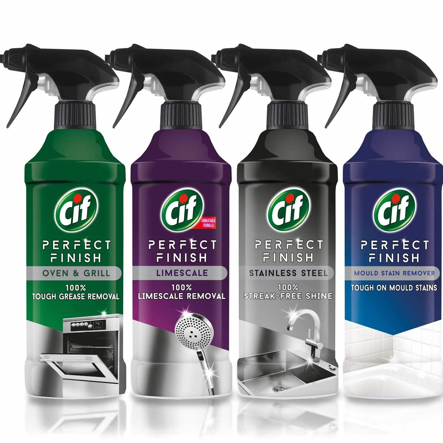 Cif Perfect Finish - Kit De Limpieza En Aerosol - 4 Botellas De Spray De 435 Ml (1 Limpiador De Horno Y Parrilla, 1 Removedor De Cal, 1 Limpiador De Acero Inoxidable Y 1 Spray Removedor De Molde)