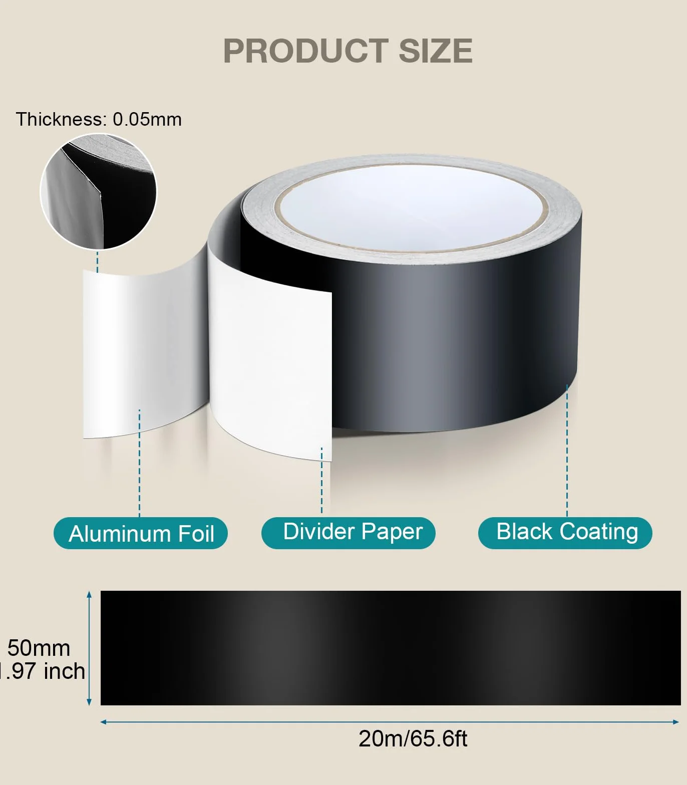 Cozary Cinta de Aluminio Negra 50mm x 20m,Cinta Aluminio Adhesiva Impermeable y Resistente al Calor,Cinta Selladora Metálica para Conductos de Aire Altas y Bajas TemperaturasTemperaturas