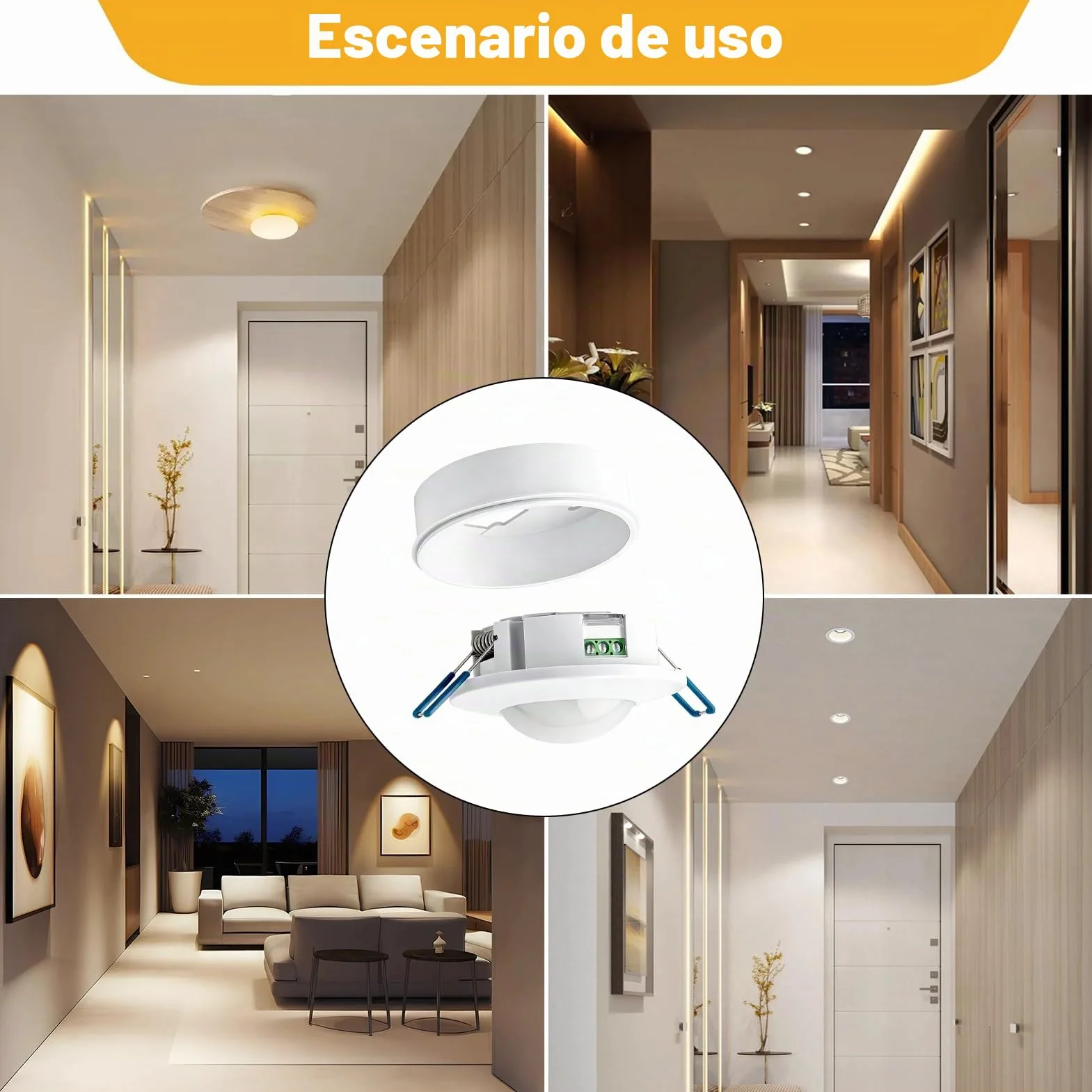 Detector de Movimiento Interior Empotrado Techo 360° 230V Sensor Presencia Ajustable 10s–30min para Lámparas LED