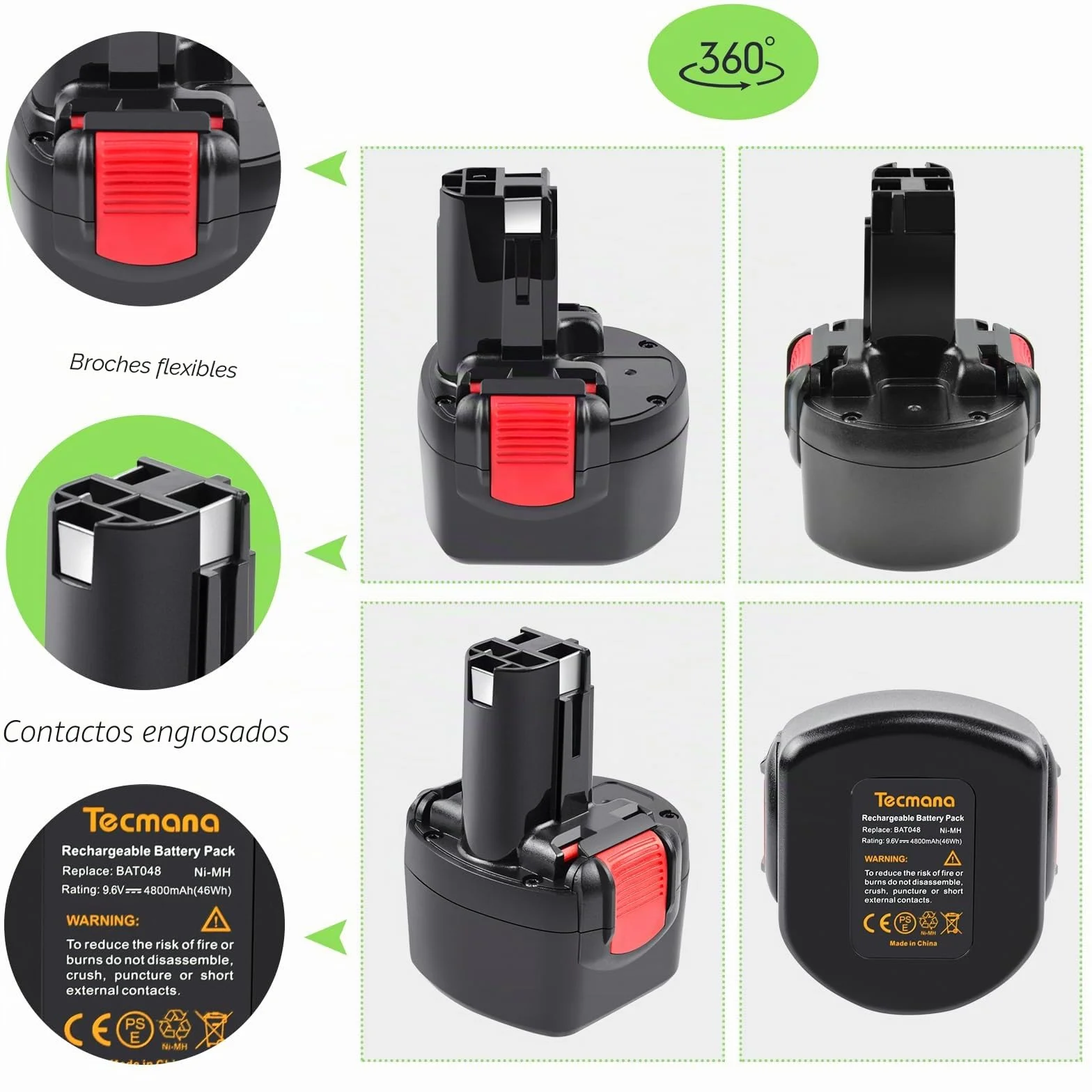 9,6V 4800mAh Batería para Bosch PSR 960 BAT048 BAT100 BAT119 2607335272 2607335461 GSR 9.6VE-2 PSR960 23609 32609-RT
