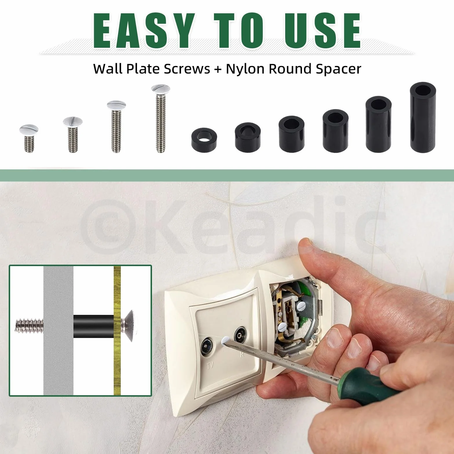 Keadic 245 unidades de tornillos de enchufe eléctrico, espaciadores, surtido, negro, nailon, espaciador, 6-32, tornillos de pared largos, para interruptor, separadores