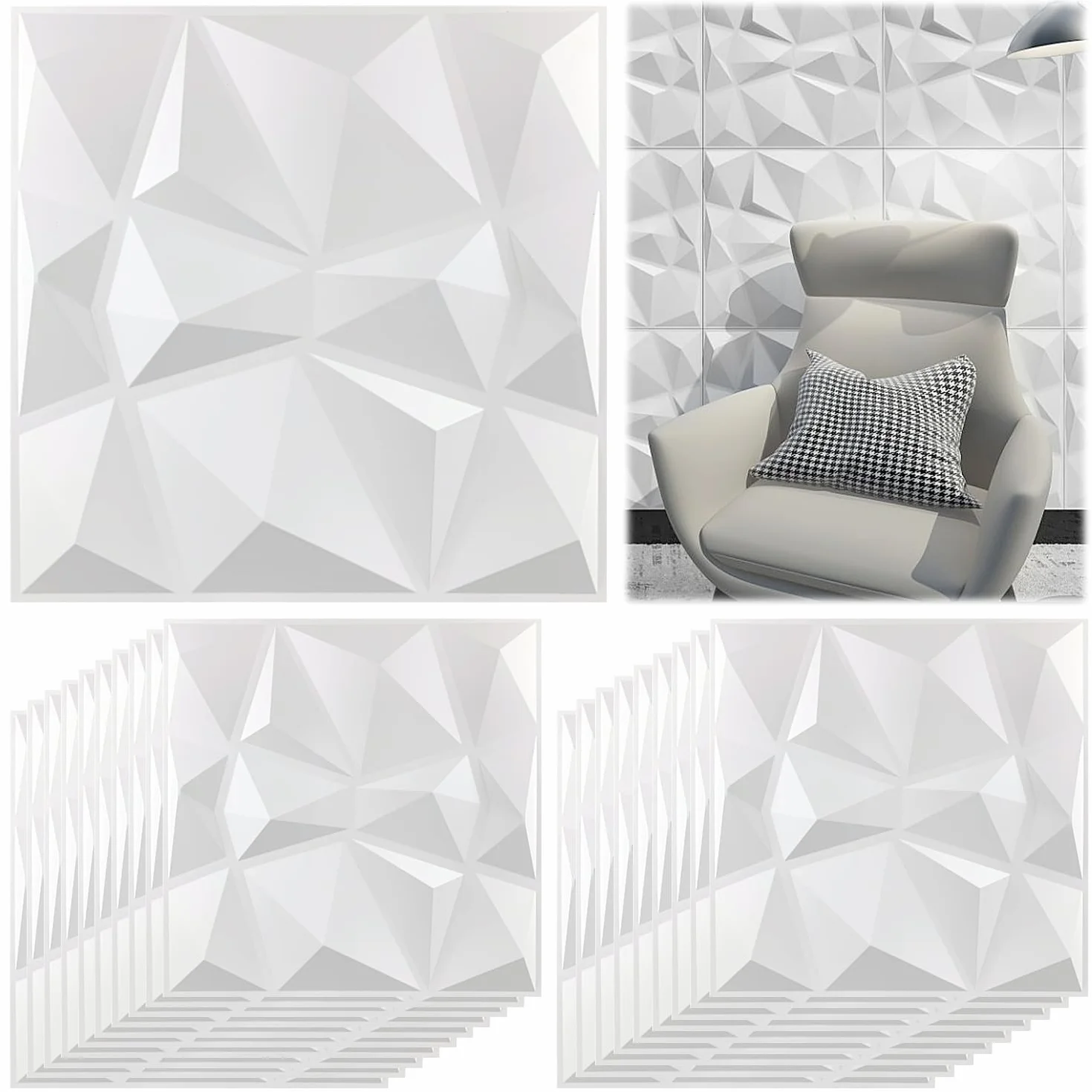 20 Piezas Panel de Pared de 3D Diamante 30 x 30 cm para Decoración de Paneles Decorativos en Blanco, Revestimiento de Paredes PVC, Resistentes al Agua, Resistentes al Calor, Inodoros, Blancos Mate