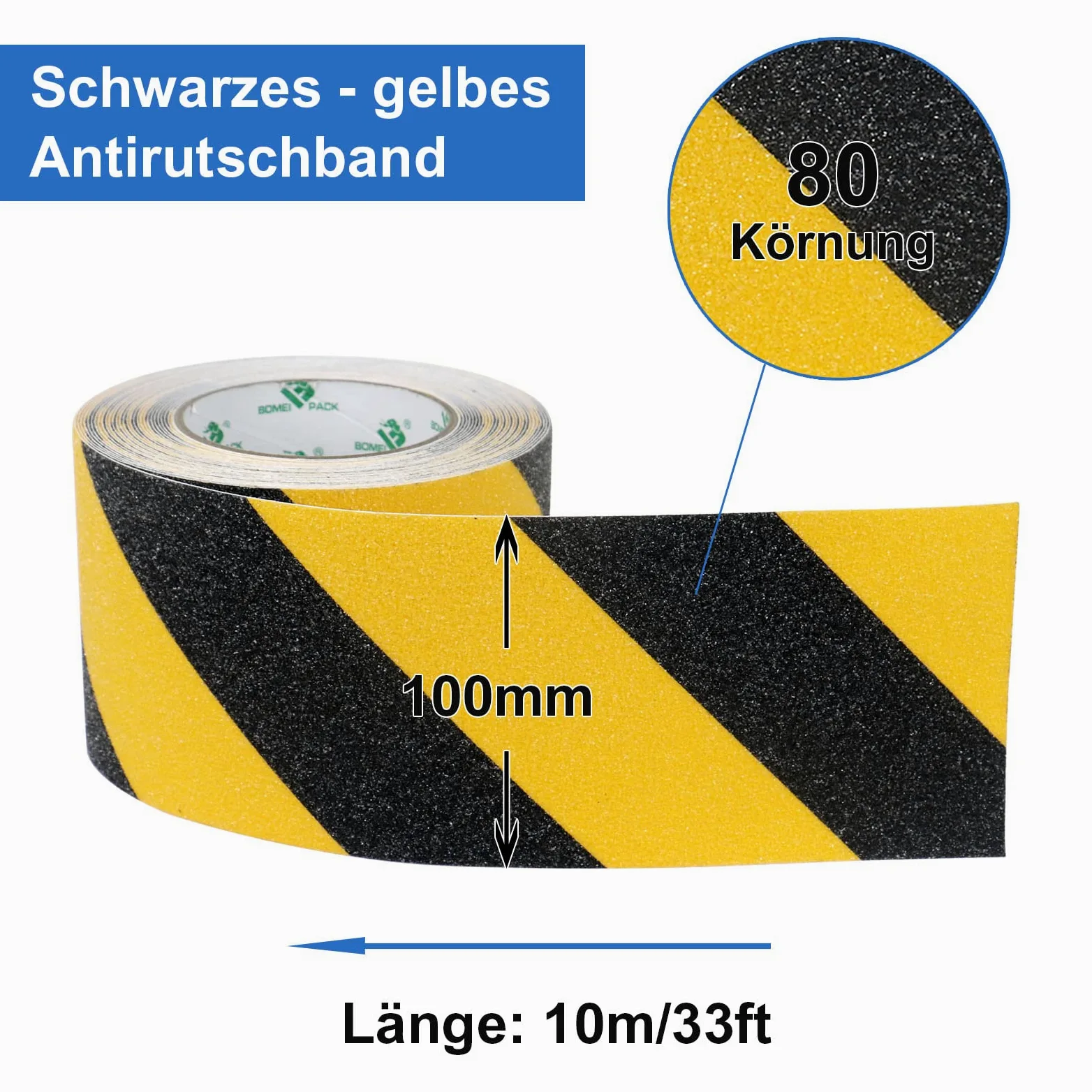 BOMEI PACK 100mmx10m Antideslizante Cinta Adhesiva, Alta Tracción Fuerte Apretón Abrasivo, Cinta Autoadhesiva de Seguridad, Cinta Adhesiva de Agarre, para Interiores y Exteriores, negro y amarillo