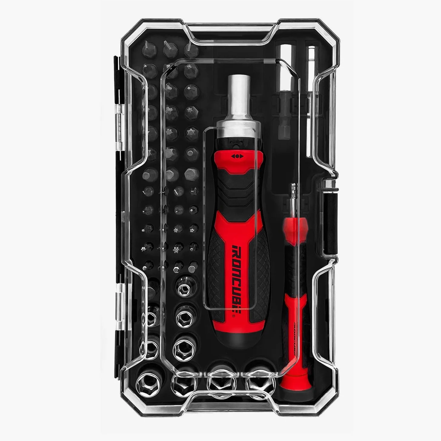 IRONCUBE Juego de destornilladores múltiples, mango de trinquete, puntas magnéticas y enchufes con funda, 56 piezas