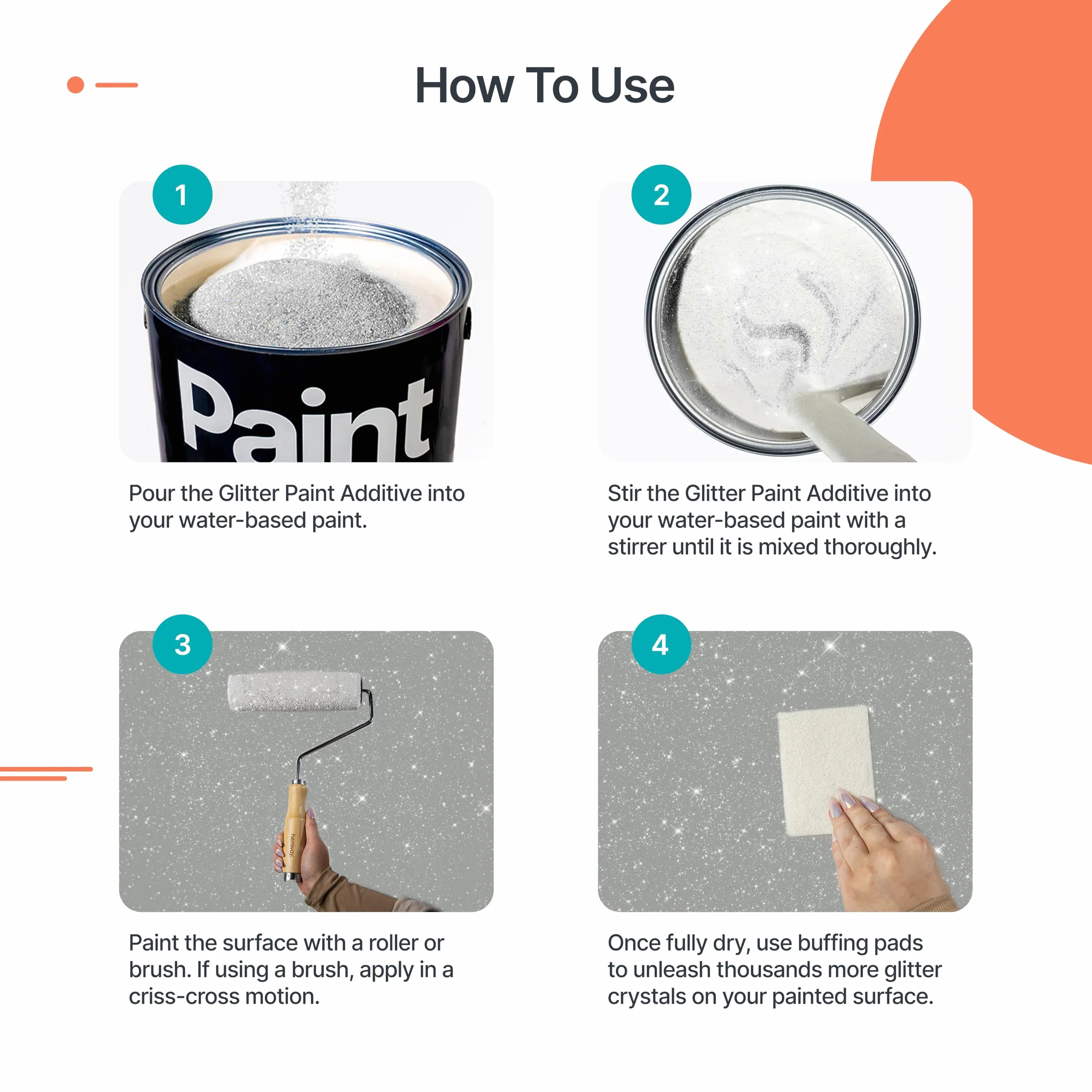 Aditivo de Pintura con Purpurina Plata [400g] + 4 Bloques de Pulido para Pintar Paredes con Purpurina - Agregar a la Pintura de Emulsión, Paredes Interiores o Exteriores, Techos