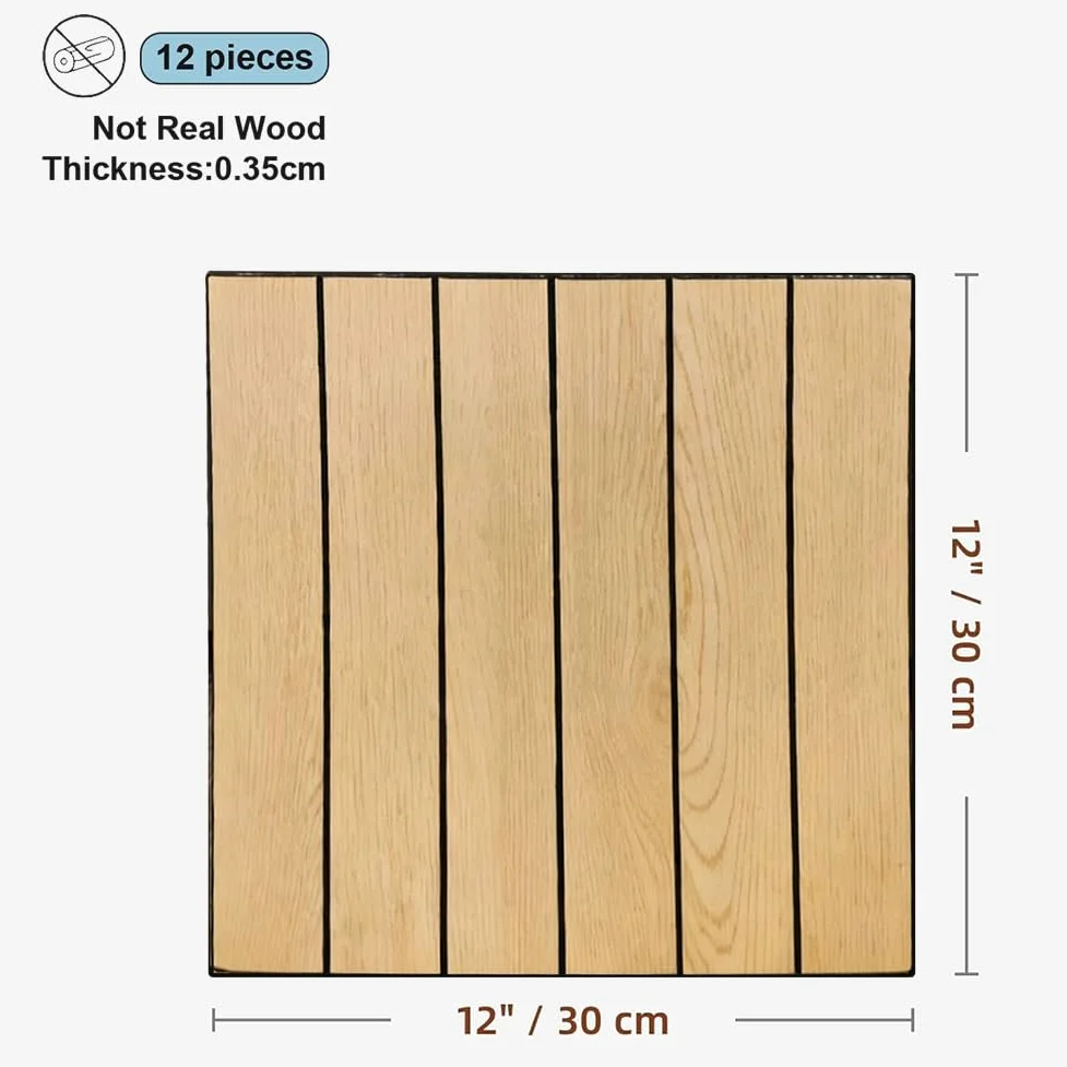 LOMUG Paneles de pared autoadhesivos con aspecto de listones de madera, 30 x 30 cm, paneles decorativos de pared de PVC, absorbentes de sonido, para salón y dormitorio, paquete de 12 unidades (AC-009)