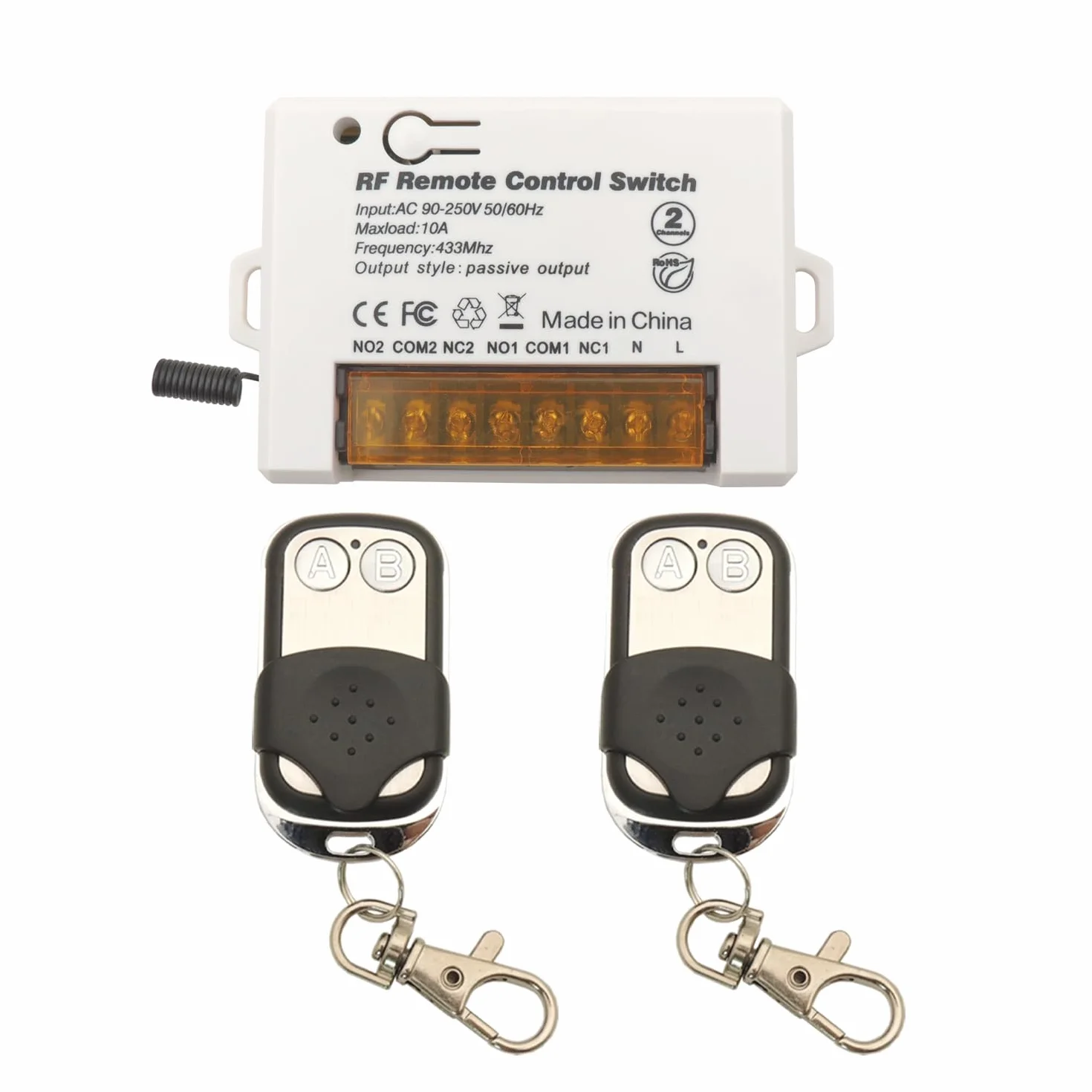 DieseRC Interruptor de control remoto de relé inalámbrico de 2 canales 433Mhz RF AC 220V 230V 10A Receptor de relé con 2 transmisores Llavero, Terminal grande Cableado fácil