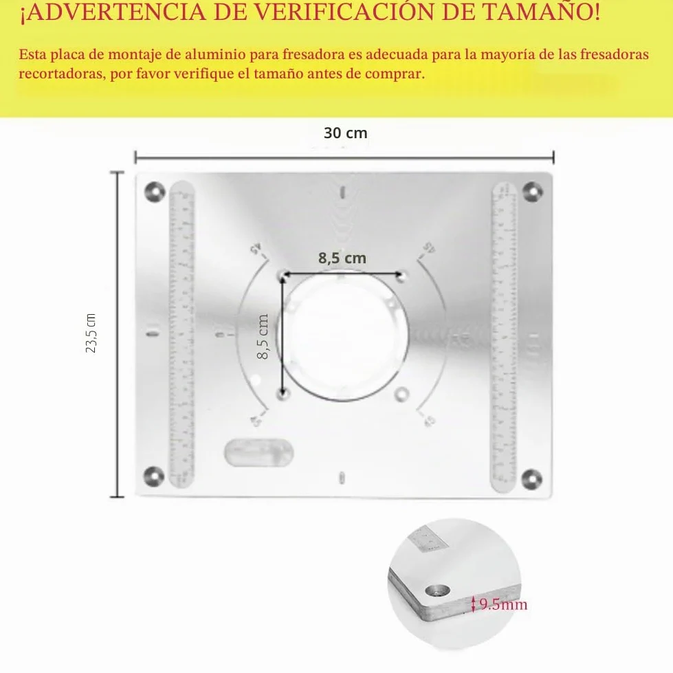 Fresadora de mesa con placa de inserción, router de aluminio, placa de inserción, con función de elevación, router, con 2 anillos y tornillos para rebajadora, trabajo de madera, 300 x 235 x 9,5 mm