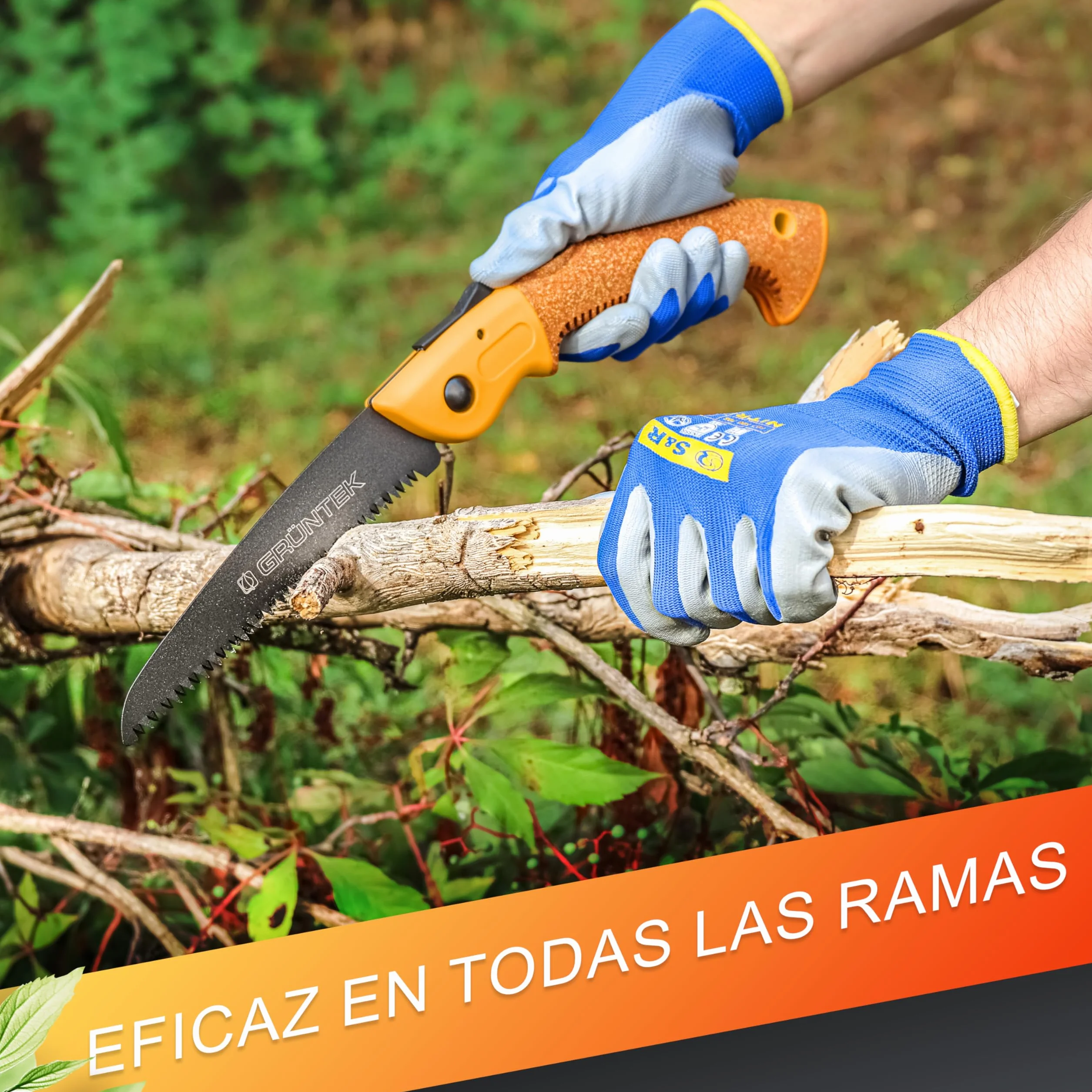 GRÜNTEK Sierra Plegable de Poda 180 mm Mango de Corcho Hoja de TEFLON y Acero