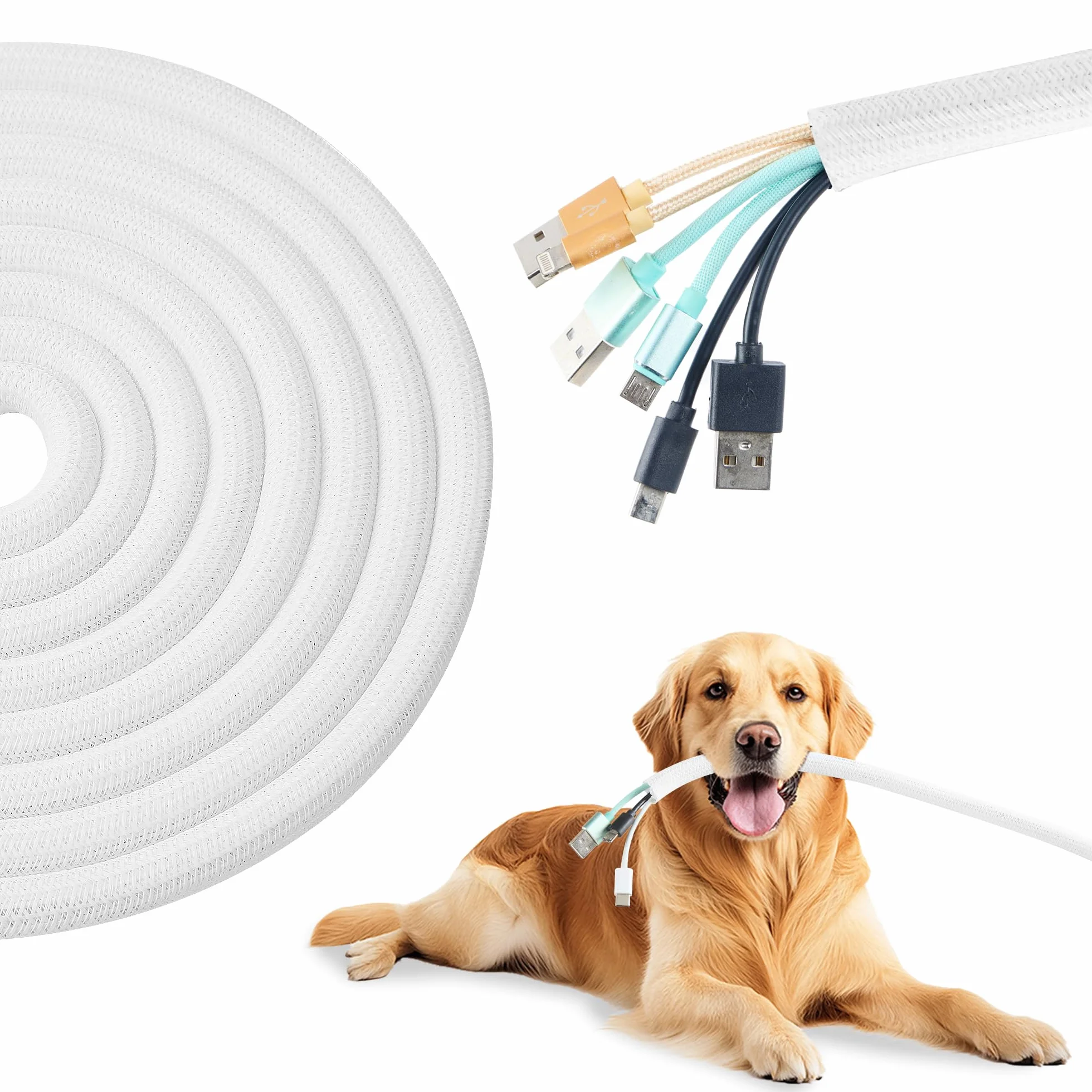 Protector de cable trenzado de 3/8 a 50 pies, telar de alambre dividido autoenvolvente para TV, computadora, cine en casa, bahía del motor, organizador de cables resistente, color blanco