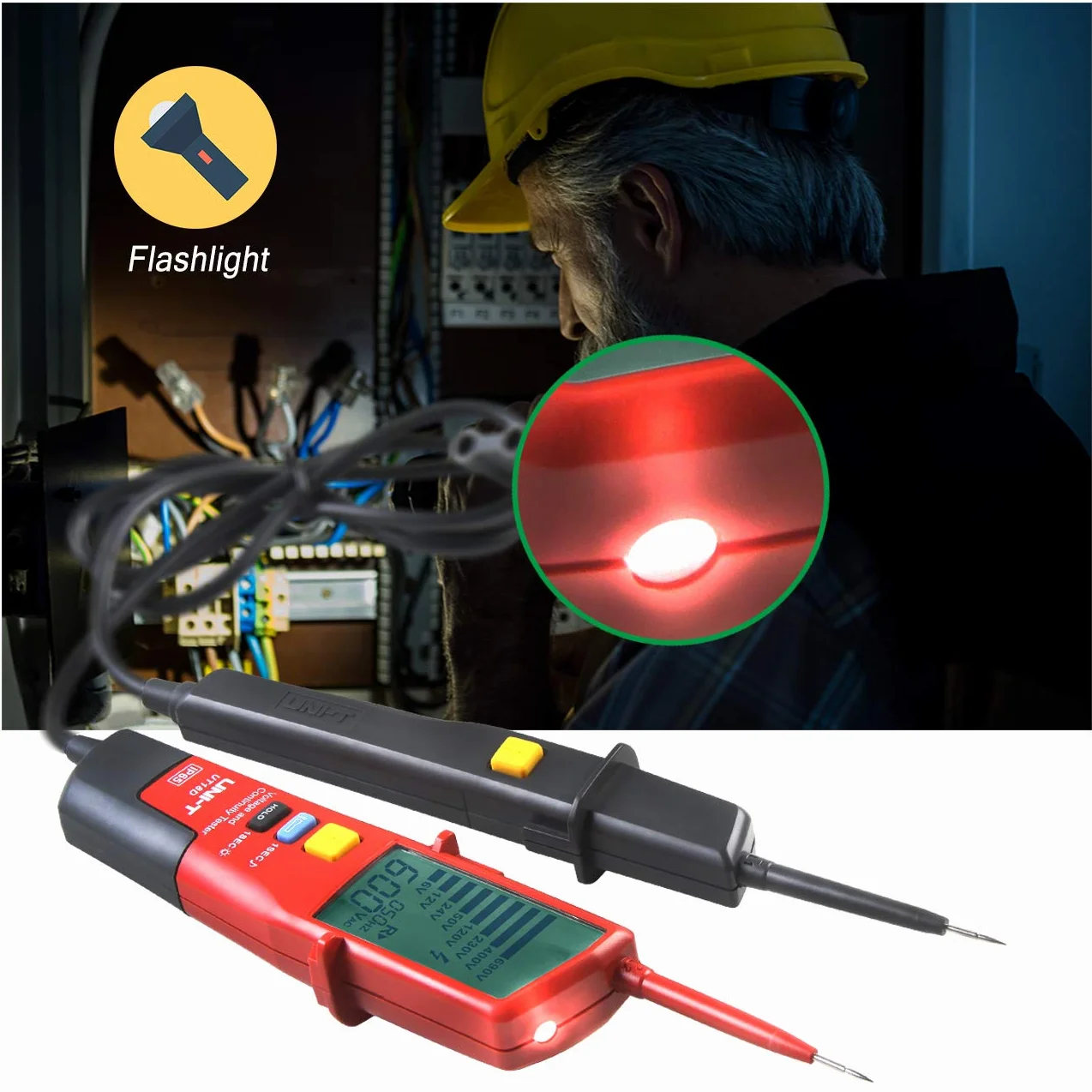 UNI-T UT18D Probador de Voltaje y Continuidad Impermeable Comprobador de Tensión de Rango Automático con Prueba de RCD y Rotación de Fase, Iluminación incorporada