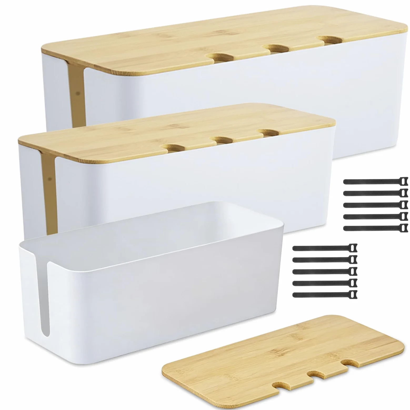 Juego de 3 Caja Cables Blancas, Caja Cables Organizador con Tapas de Bambú de Tres Tamaños, Caja Organizadora de Cable con Tapa de Madera Perforada, Caja para Cable con Bridas