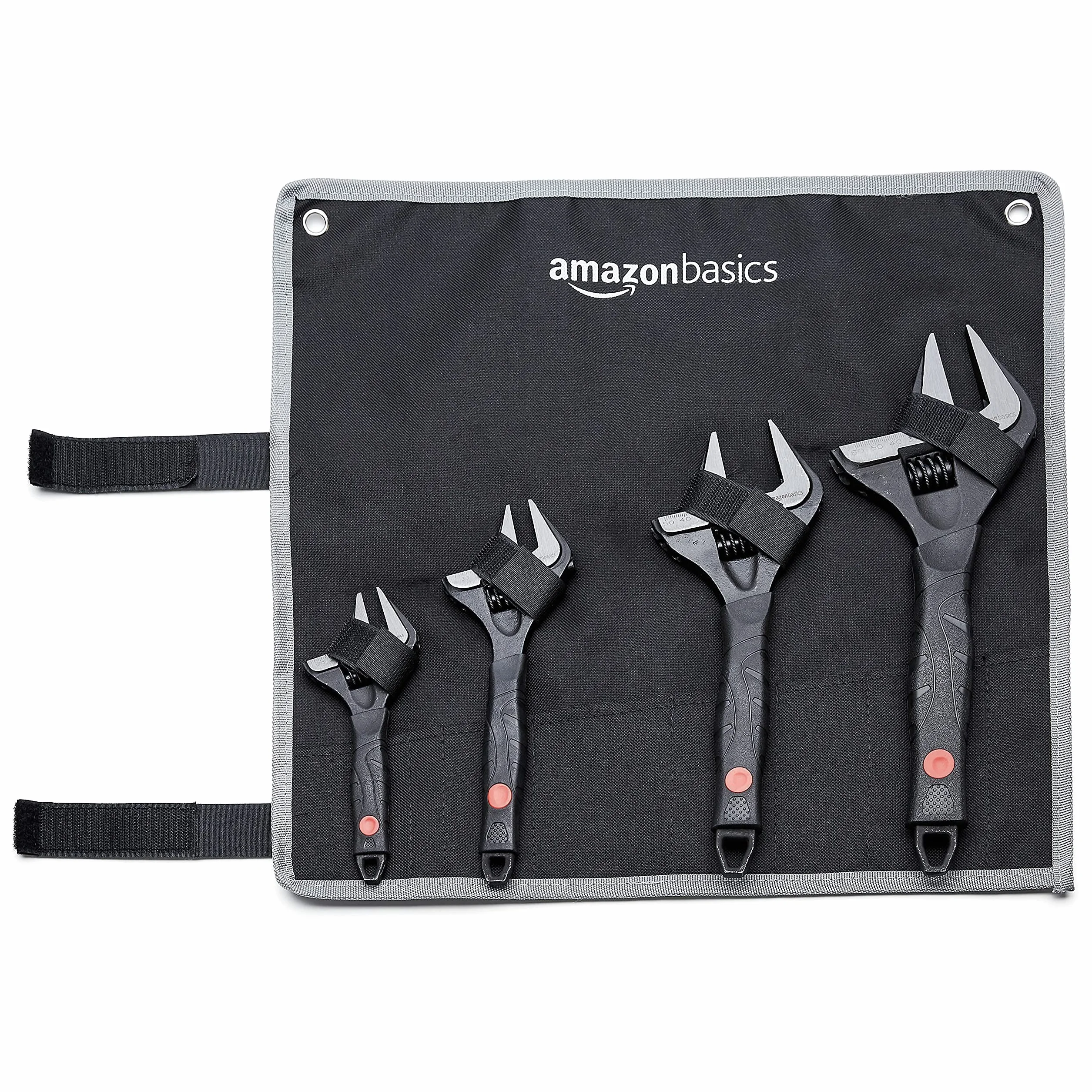 Amazon Basics Llave ajustable para fontaner a con agarre suave, boca ancha, incluye: 6in (150mm), 8in (200mm),10in (250mm),12in (300mm), Paquete de 4 tamaños
