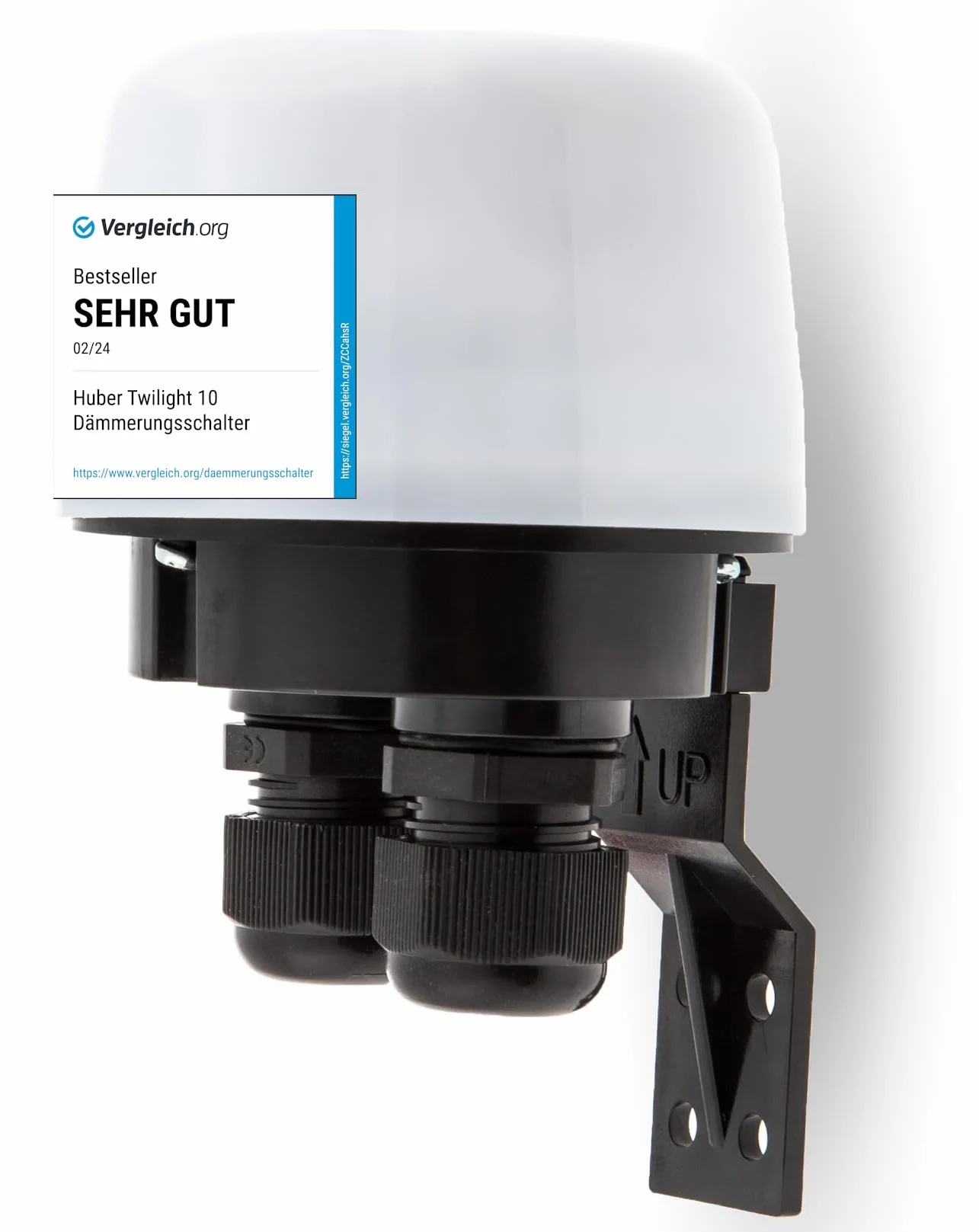 HUBER Twilight 10 Interruptor crepuscular para Exteriores, Sensor crepuscular Ajustable [5-50 Lux], protección IP65 I Interruptor crepuscular de Superficie 230V, 2 entradas de Cable