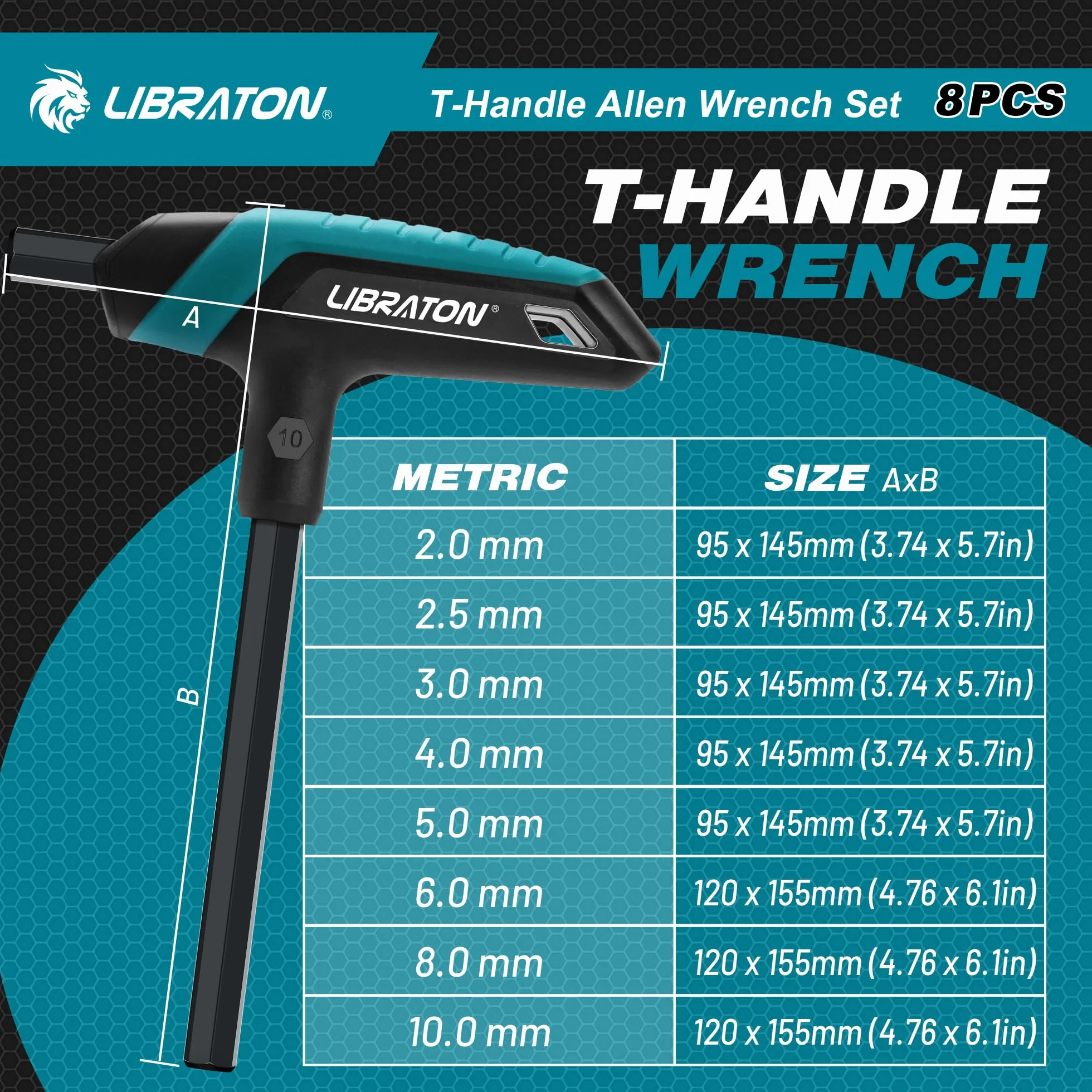 LIBRATON Juego de Llaves Hexagonales con Mango en T, Juego de Llaves Allen Métrica, Llaves Allen con Mango T 2-10 mm para Reparación de Bicicletas y Automáticas, 8 Piezas con Estante de Almacenamiento
