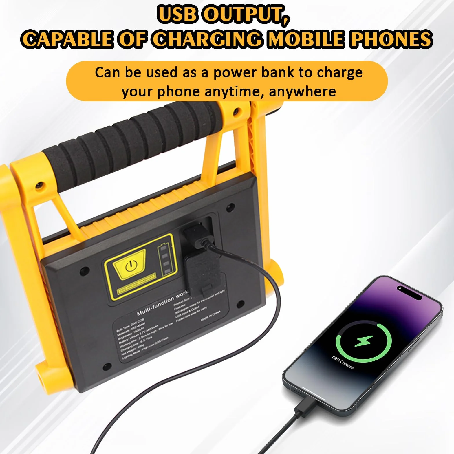 Foco LED de 20 W con batería, 4400 mAh, 1600 lm, lámpara de trabajo portátil, lámpara de camping portátil al aire libre, 4 modos de luz y batería recargable, para camping, garaje, emergencia, obra