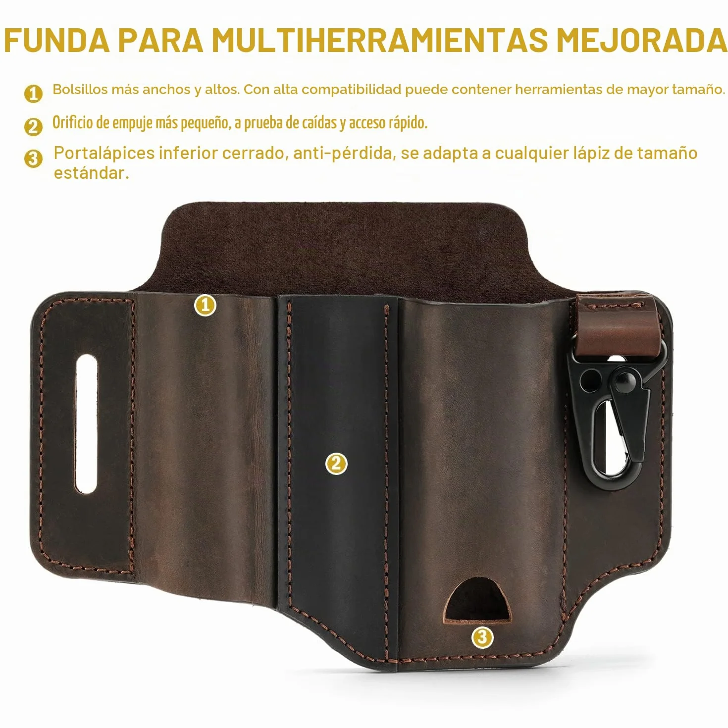 VIPERADE PJ13 EDC Funda de cuero, Multitools Funda/Herramientas Funda/Cuchillo Cinturón Funda/Linterna Vaina para Leatherman Multitools/Cuchillos, Hecho a Mano 3 Bolsillos Organizador Funda