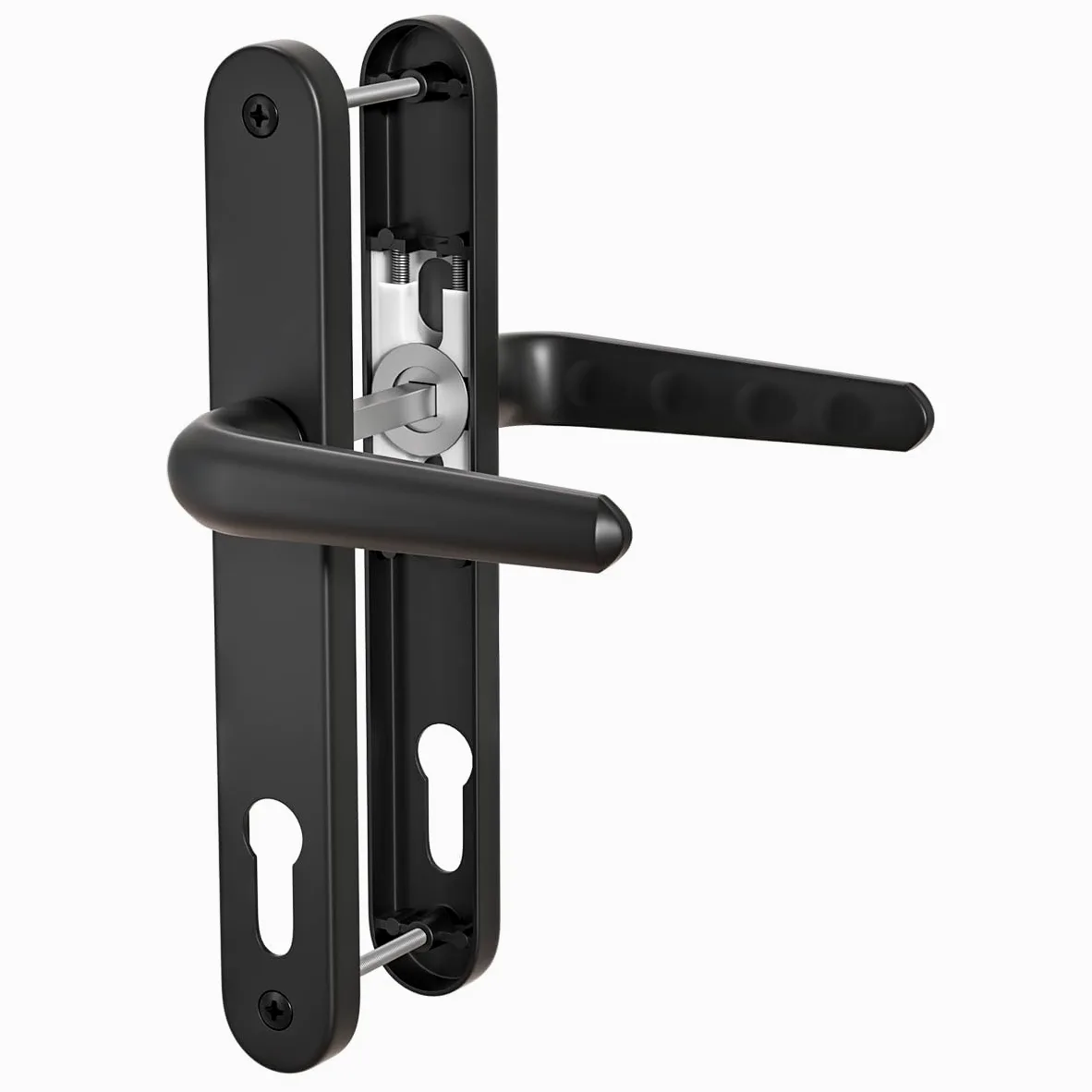 Bwintech UPVC Manija de puerta,Negro,retroceso de 92mm,centros de tornillo de 210mm,placa posterior de 243mm,sistema de resorte de adecuado para puerta de entrada,puerta de patio