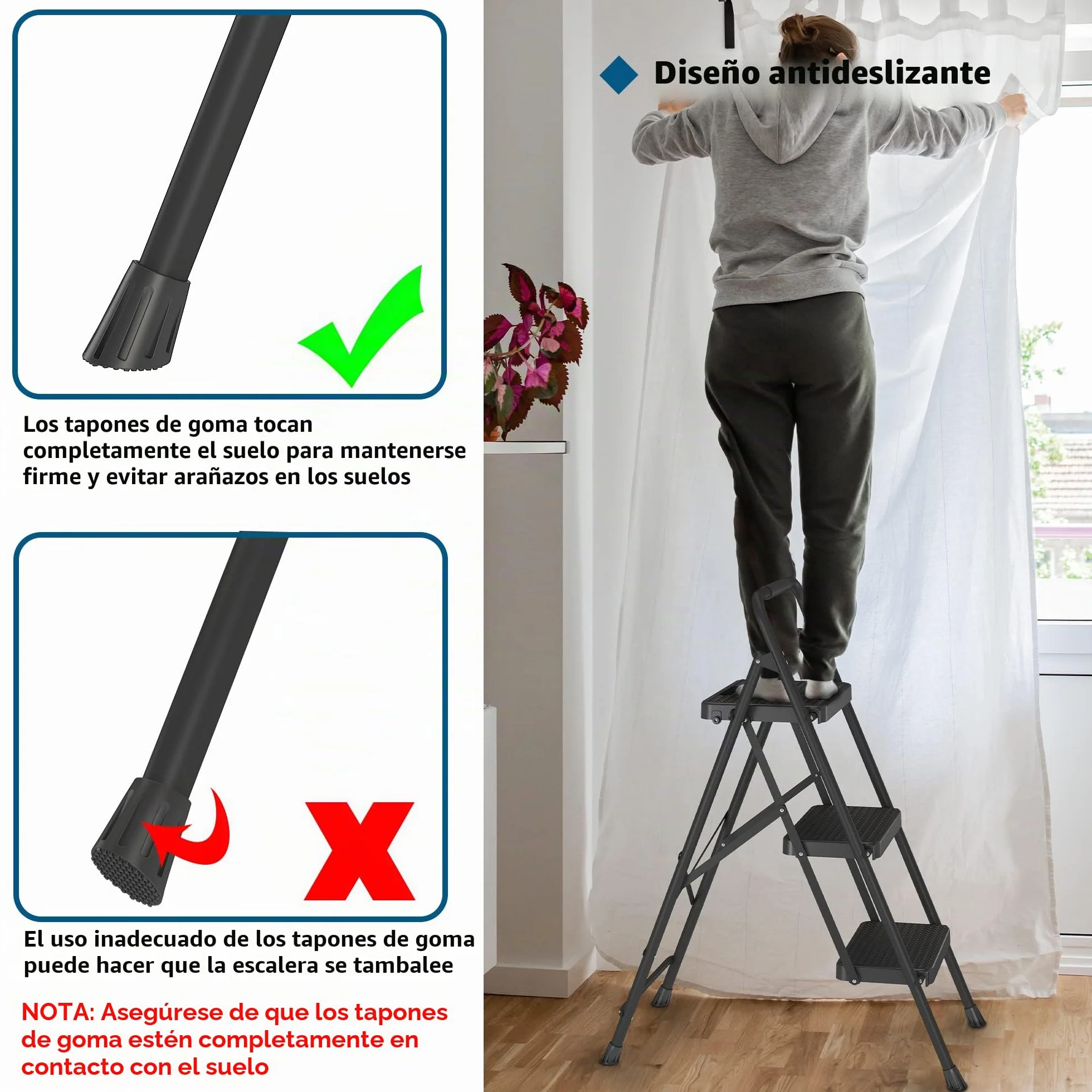 BONTEC Escaleras Plegables de 3 Escalones, Capacidad de 150KG con Pedales Antideslizantes Anchos, Taburete Escaleras de Mano de Acero, Manubrio de Esponja, Uso en Interiores y Exteriores, Negro