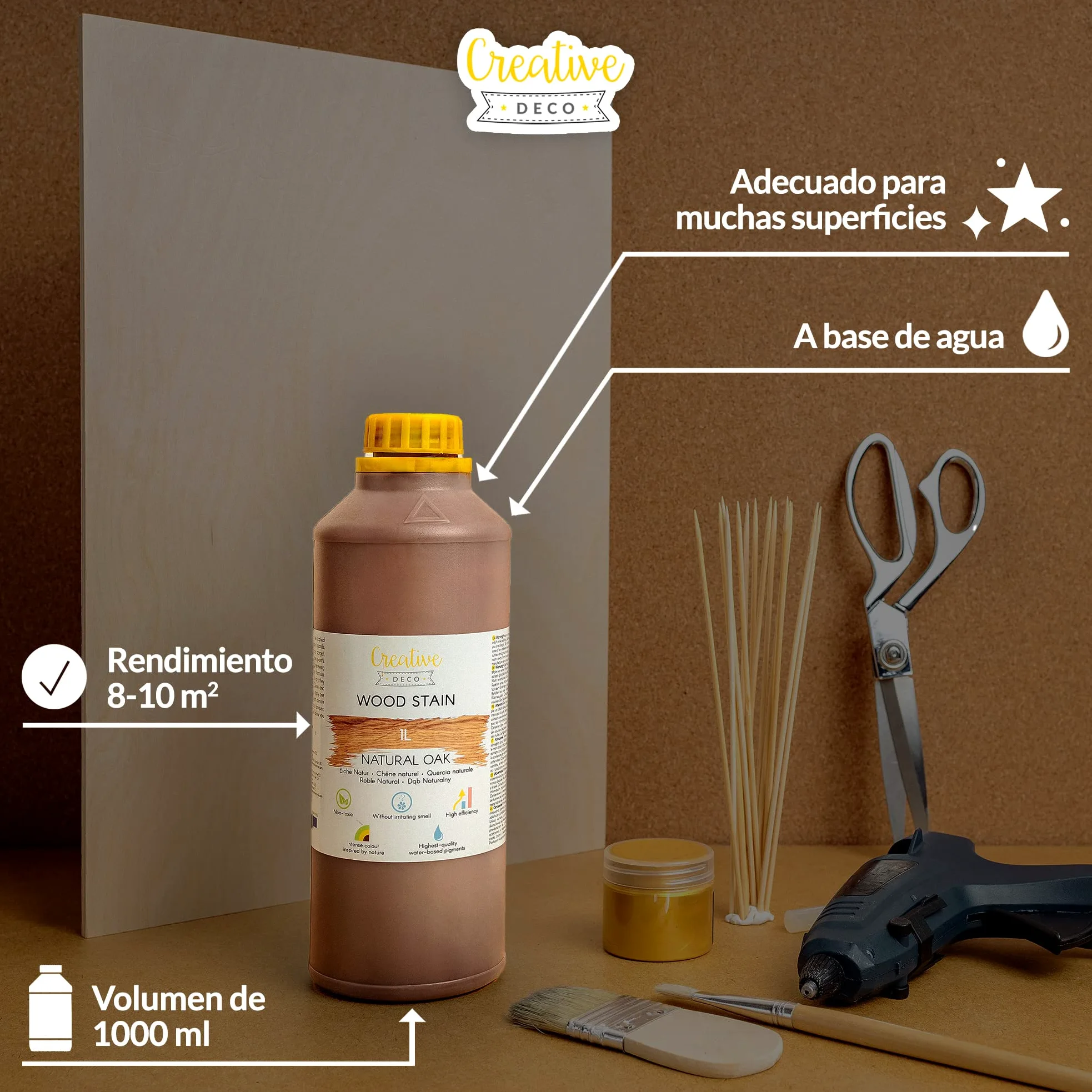 Creative Deco 1L Barniz Madera Interior Tinte al Agua | Color Roble Natural | 1L | Secado Rápido | No Tóxico | Para Paneles de Madera, Parquet, Hormigón, Ladrillo, Papel Pintado y Más | Alta Eficacia