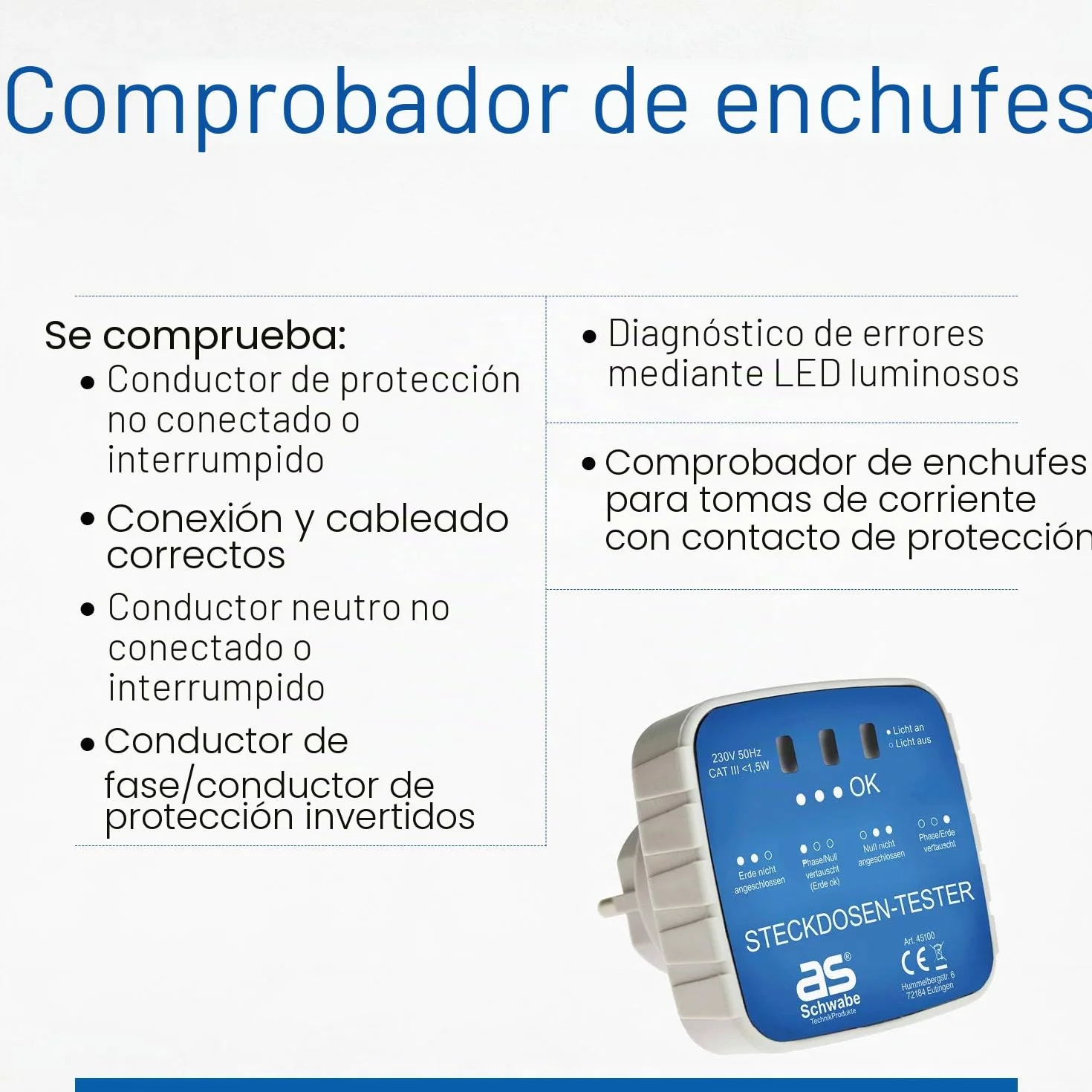 Schwabe comprobador enchufes Schuko 230V con indicador luminoso comprobador de circuitos