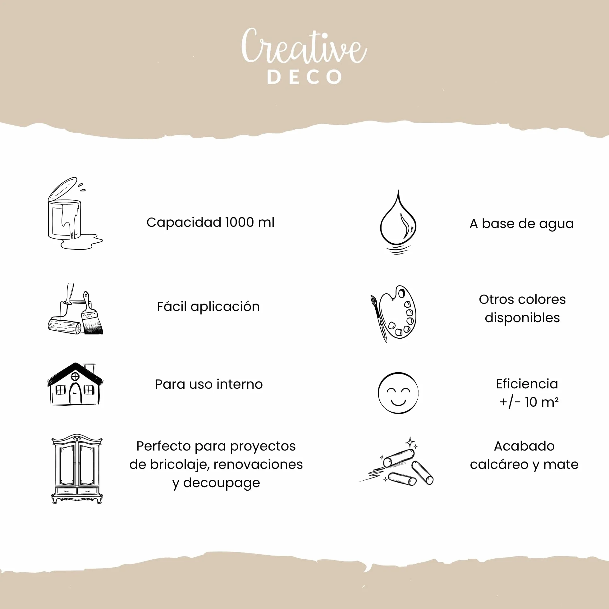 Creative DECO 1L Beige Arena Pintura a la Tiza para Muebles sin Lijar Chalk Paint | Pintura Madera Mate y Lavable | Renovación, Decoración, Manualidades | Posible Efecto de Barrido y Gradiente