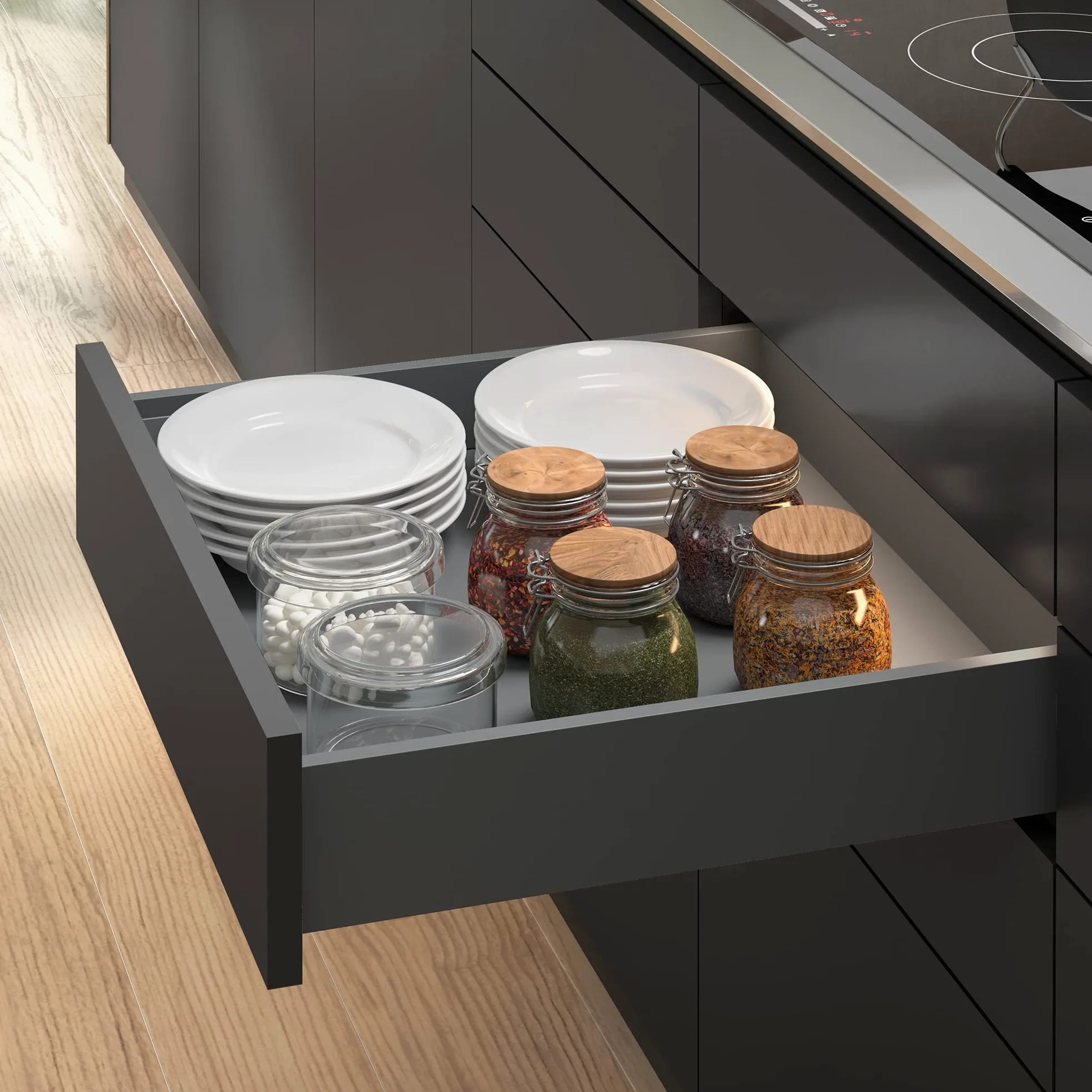 Emuca - Cajones extraibles para cocina Vertex Push Sincro con regulación 3D, H 131mm, 40kg, profundidad 350mm, Acero, Pintado gris antracita