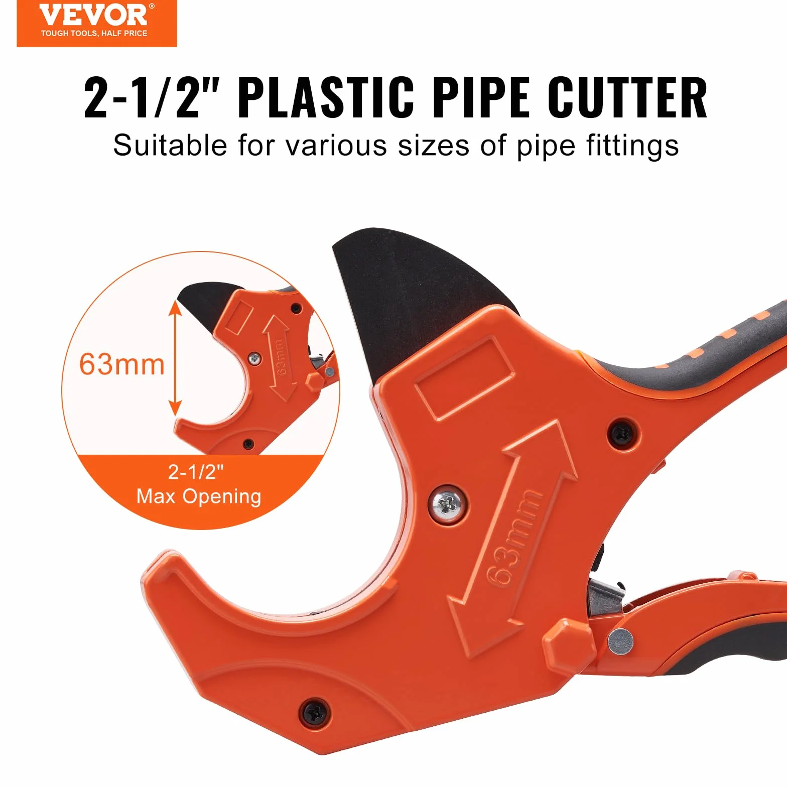 VEVOR Cortador de tubos de PVC con carraca diámetro exterior 0-2-1/2" herramienta de corte de tubos de alta resistencia con cuchilla SK5 de repuesto para mangueras de PVC, CPVC, PP-R, PEX, PE y caucho
